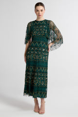 Mahonia by Frock and Frill green embellished midaxi dress with cape sleeves. 