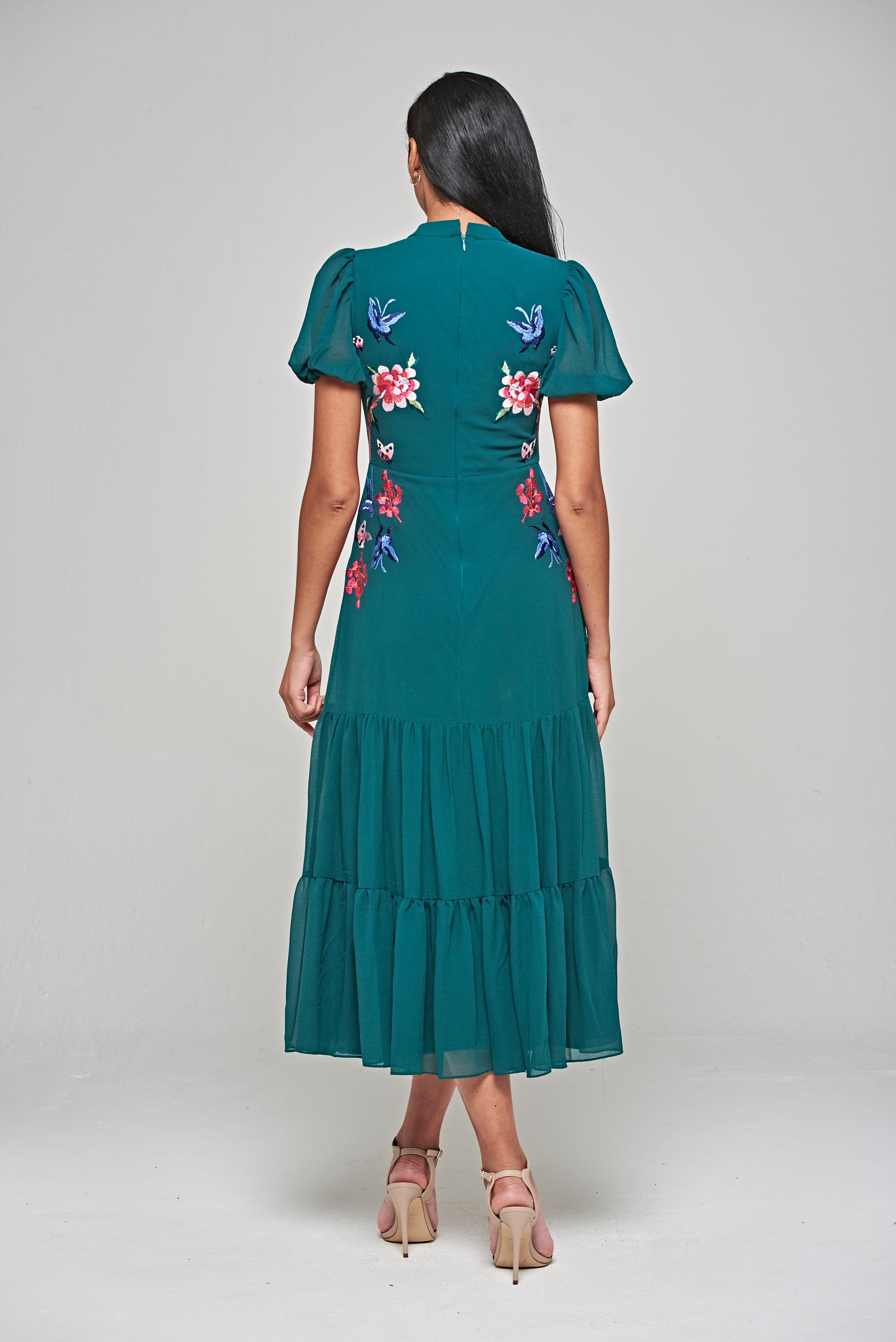 green embroidered dress Marella Alpine Green Floral Embroidered Midi Dress – Frock and Frill