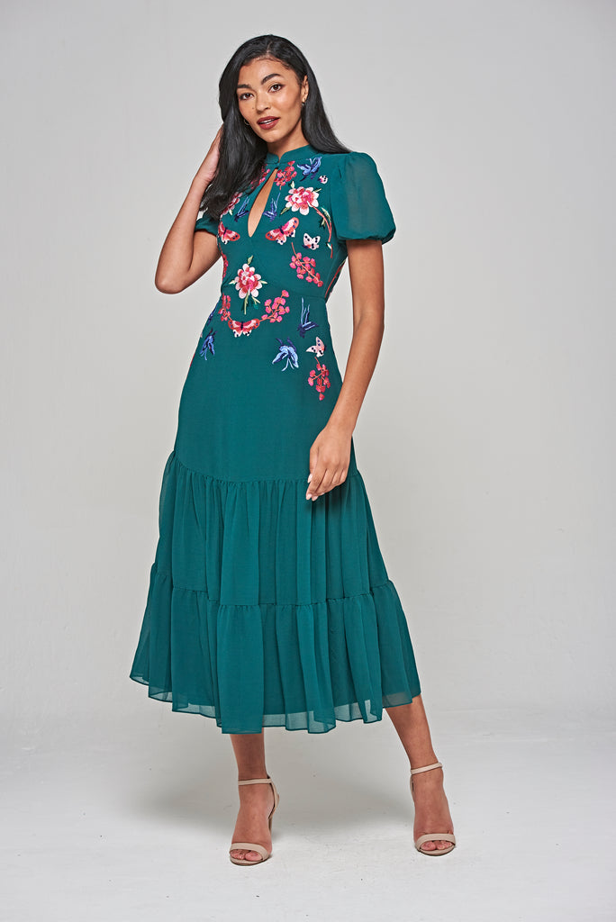 Marella Alpine Green Floral Embroidered Midi Dress – Frock and Frill