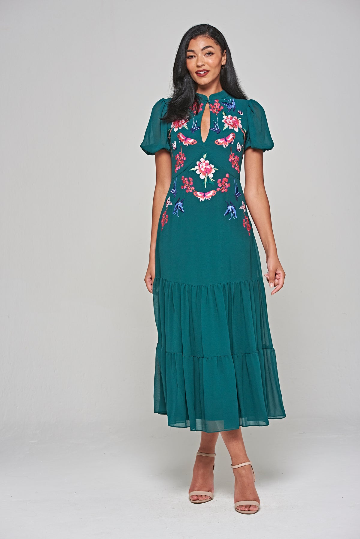 Marella Alpine Green Floral Embroidered Midi Dress