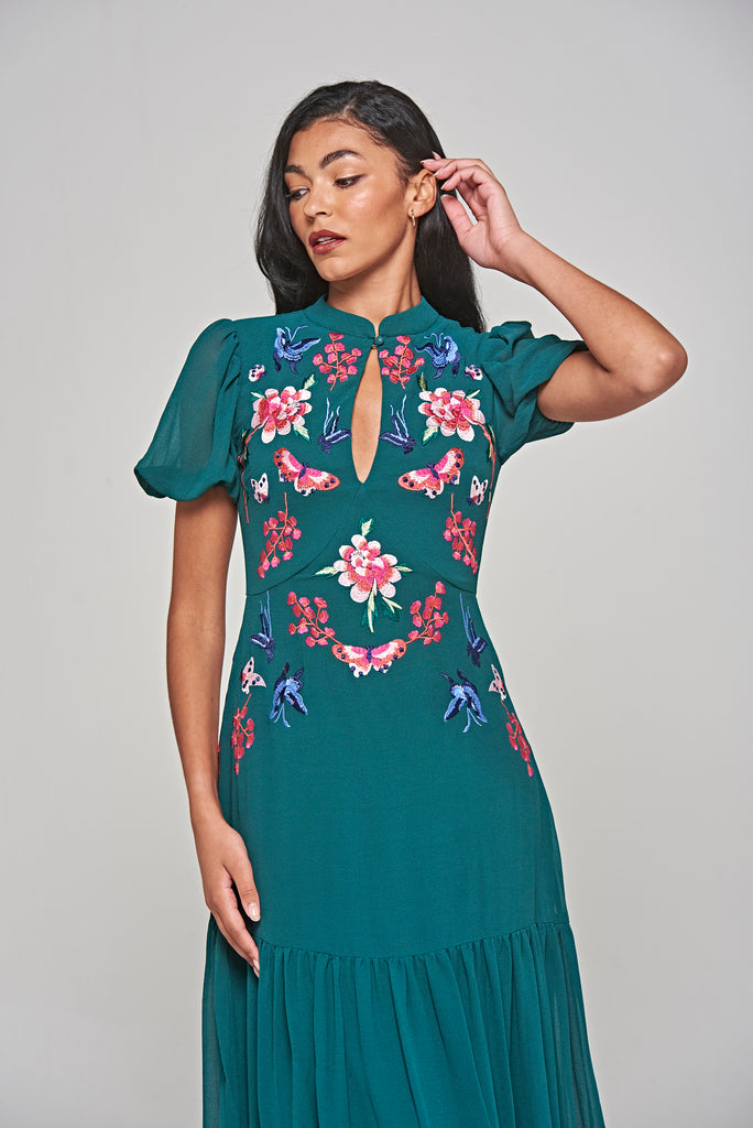 Marella Alpine Green Floral Embroidered Midi Dress – Frock and Frill