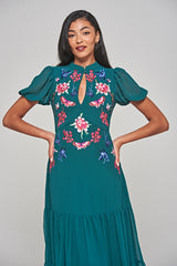 Marella Alpine Green Floral Embroidered Midi Dress