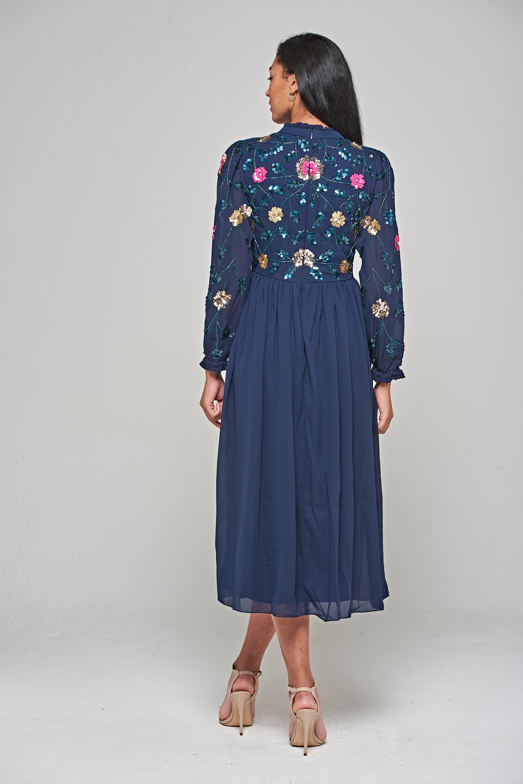 Marette Floral Embellished Midi Dress - Navy