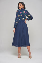 Marette Floral Embellished Midi Dress - Navy