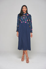 Marette Floral Embellished Midi Dress - Navy