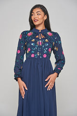 Marette Floral Embellished Midi Dress - Navy