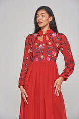 Marette Floral Embellished Midi Dress - Lipstick Red