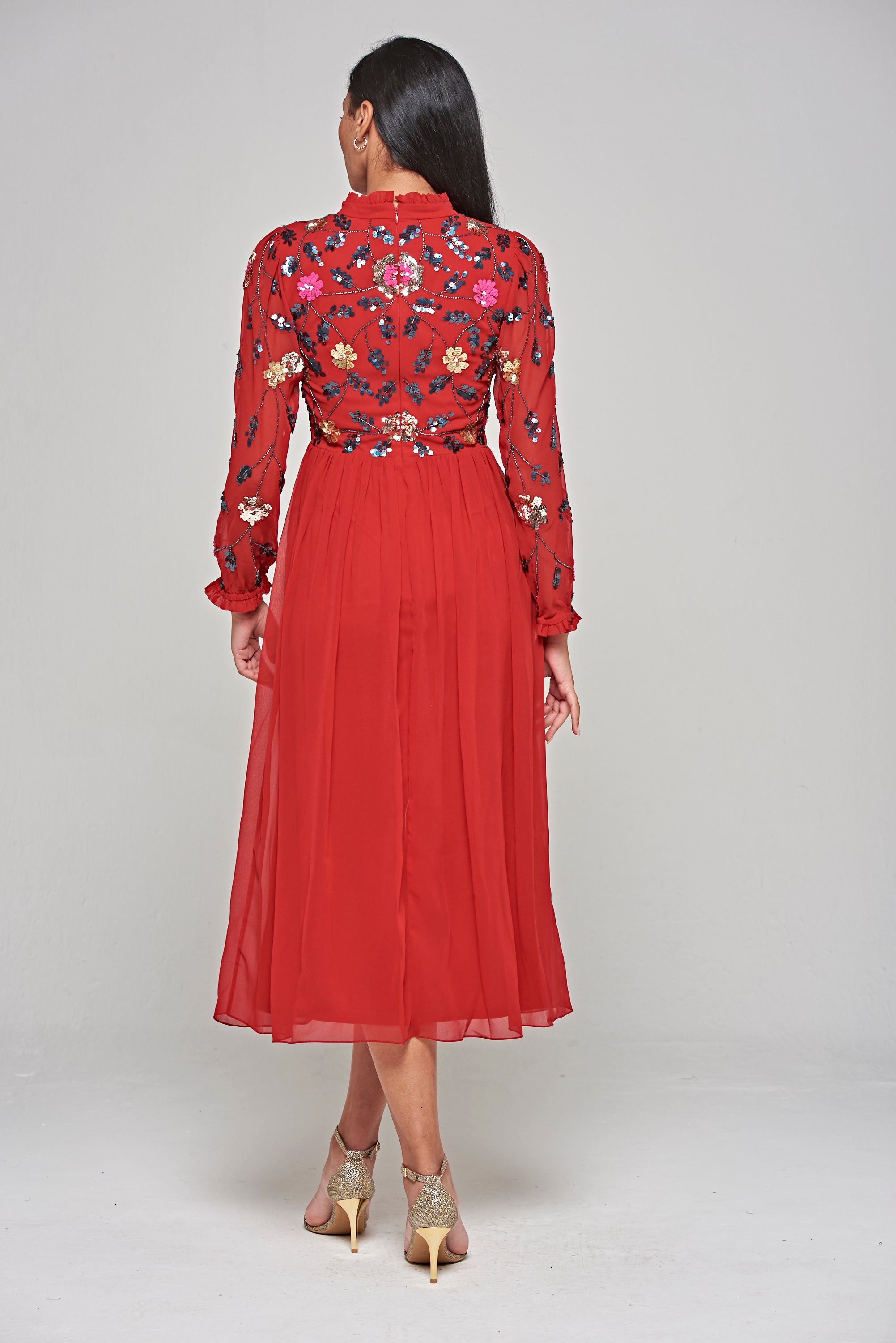 Marette Floral Embellished Midi Dress - Lipstick Red