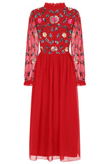 Marette Floral Embellished Midi Dress - Lipstick Red