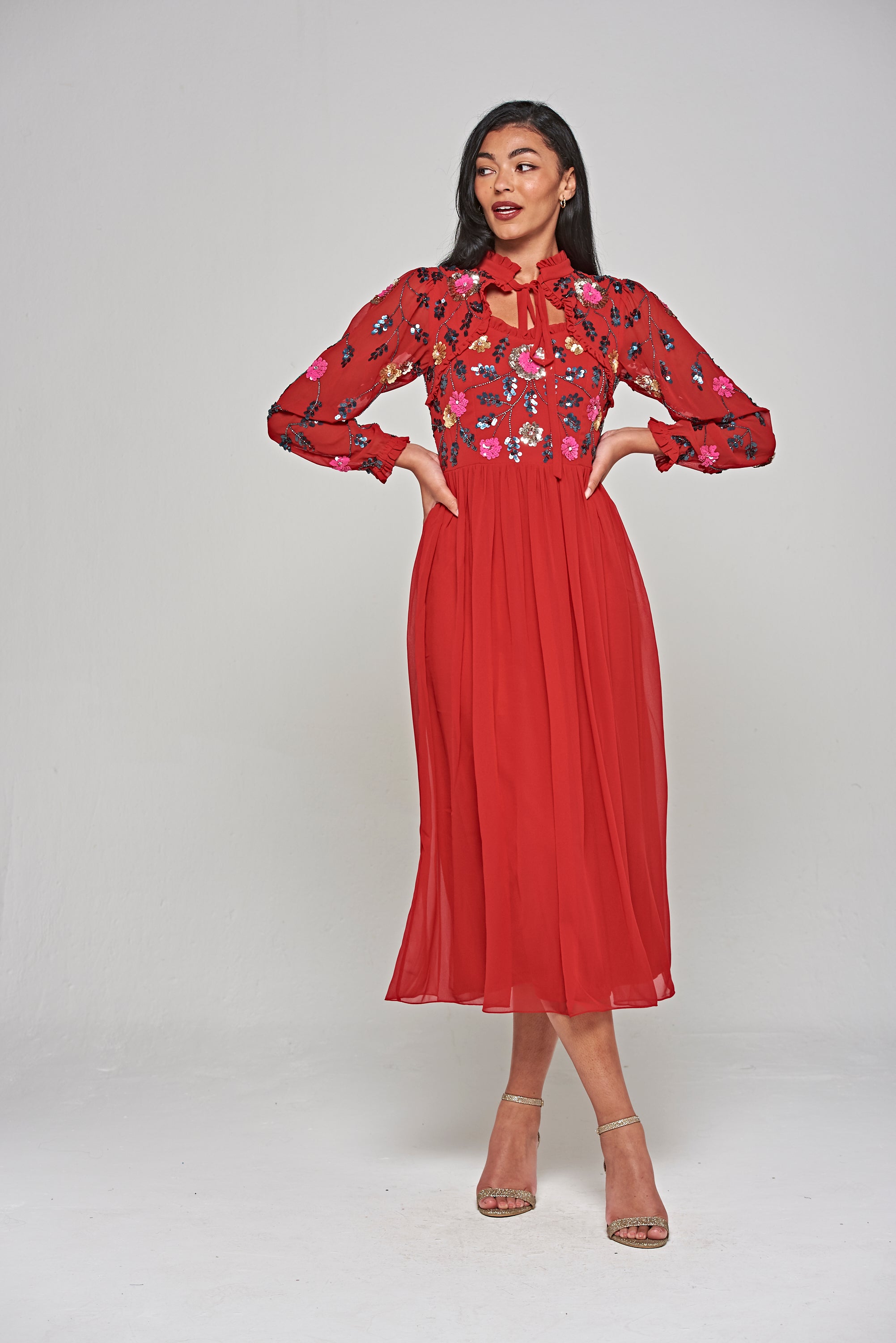 Marette Floral Embellished Midi Dress - Lipstick Red