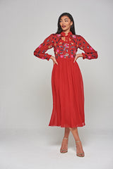 Marette Floral Embellished Midi Dress - Lipstick Red