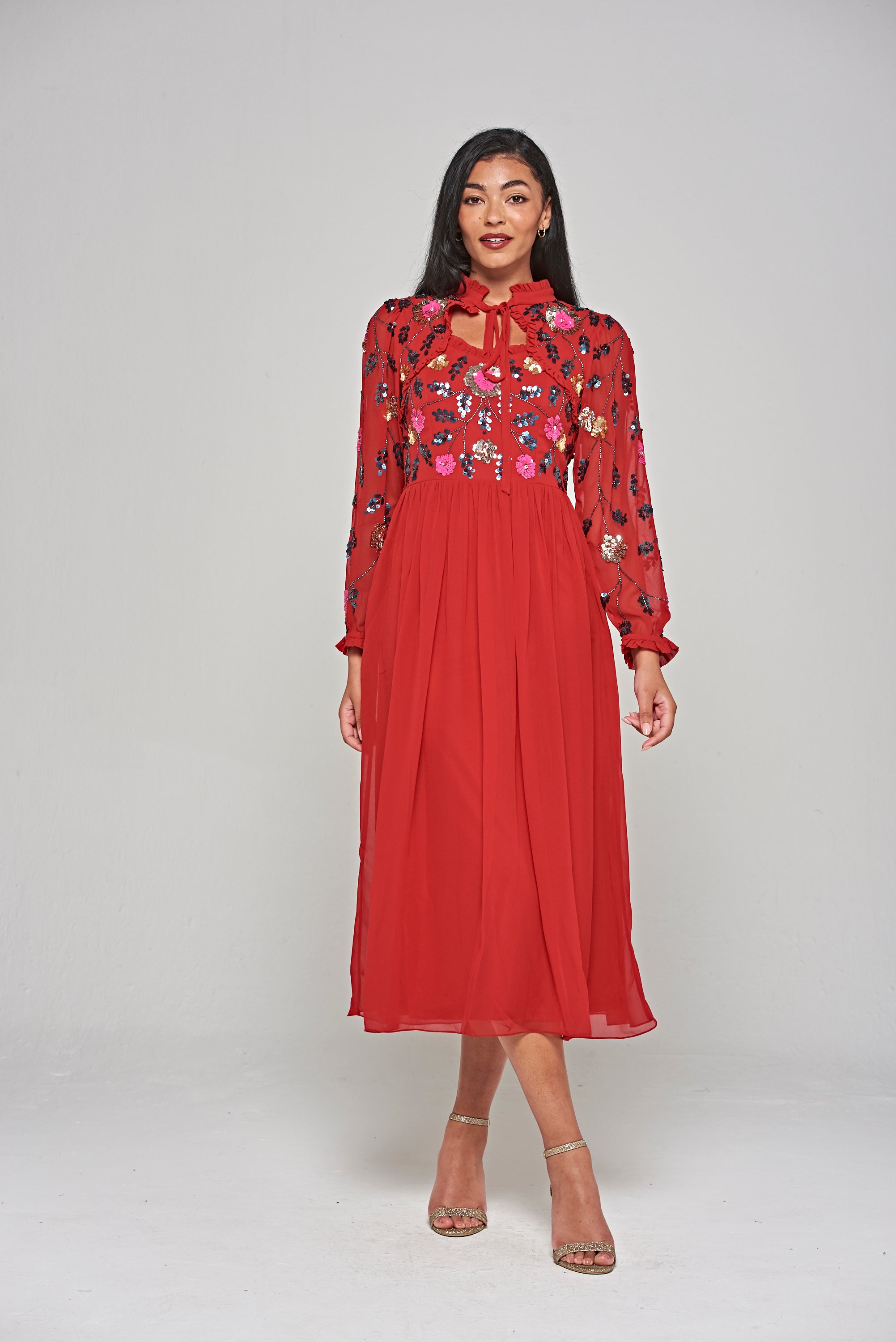 red embellished midi dress Jovana | Burgundy Hand-Embellished Crew-Neck Midi Dress With Drop Waist