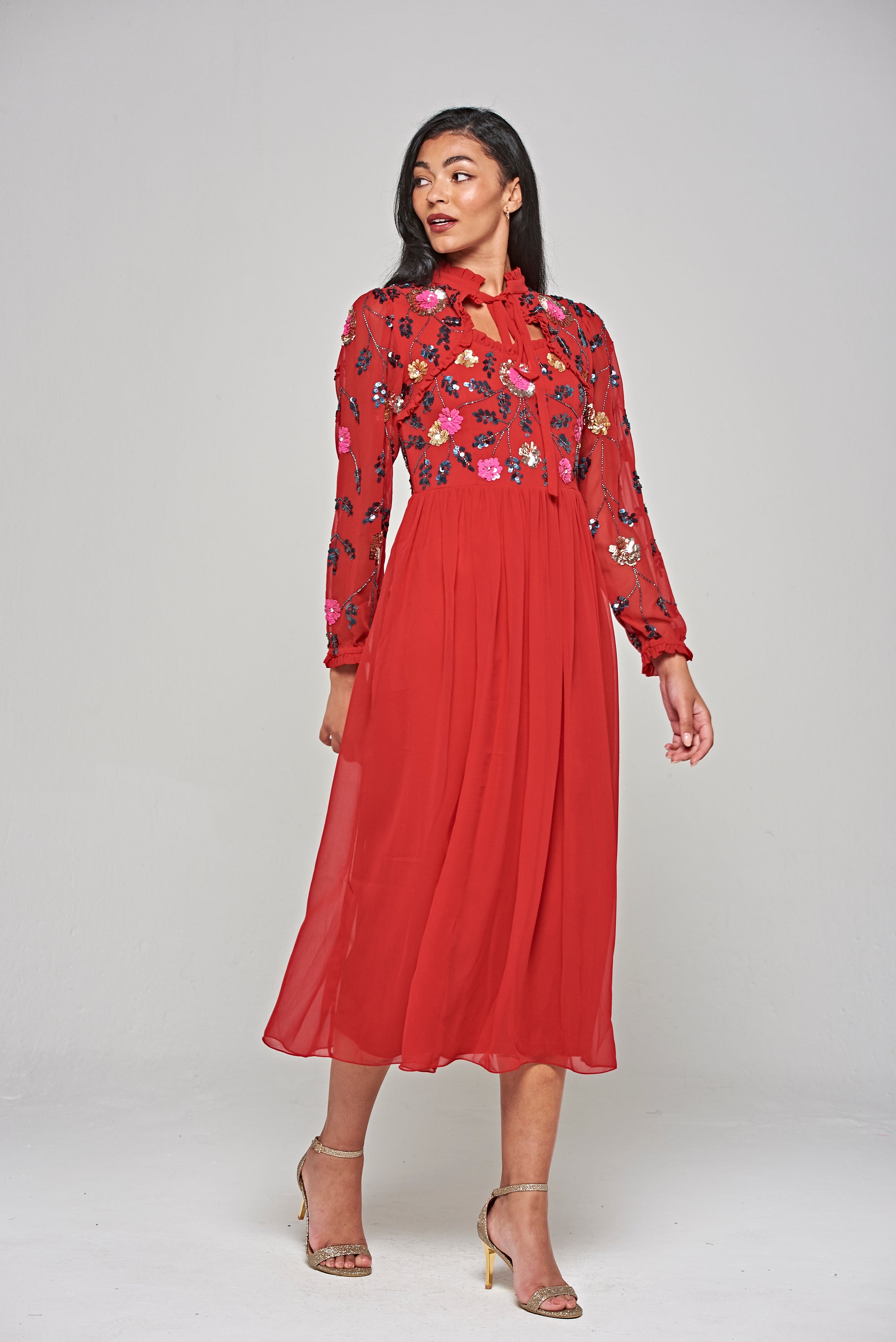 Marette Floral Embellished Midi Dress - Lipstick Red