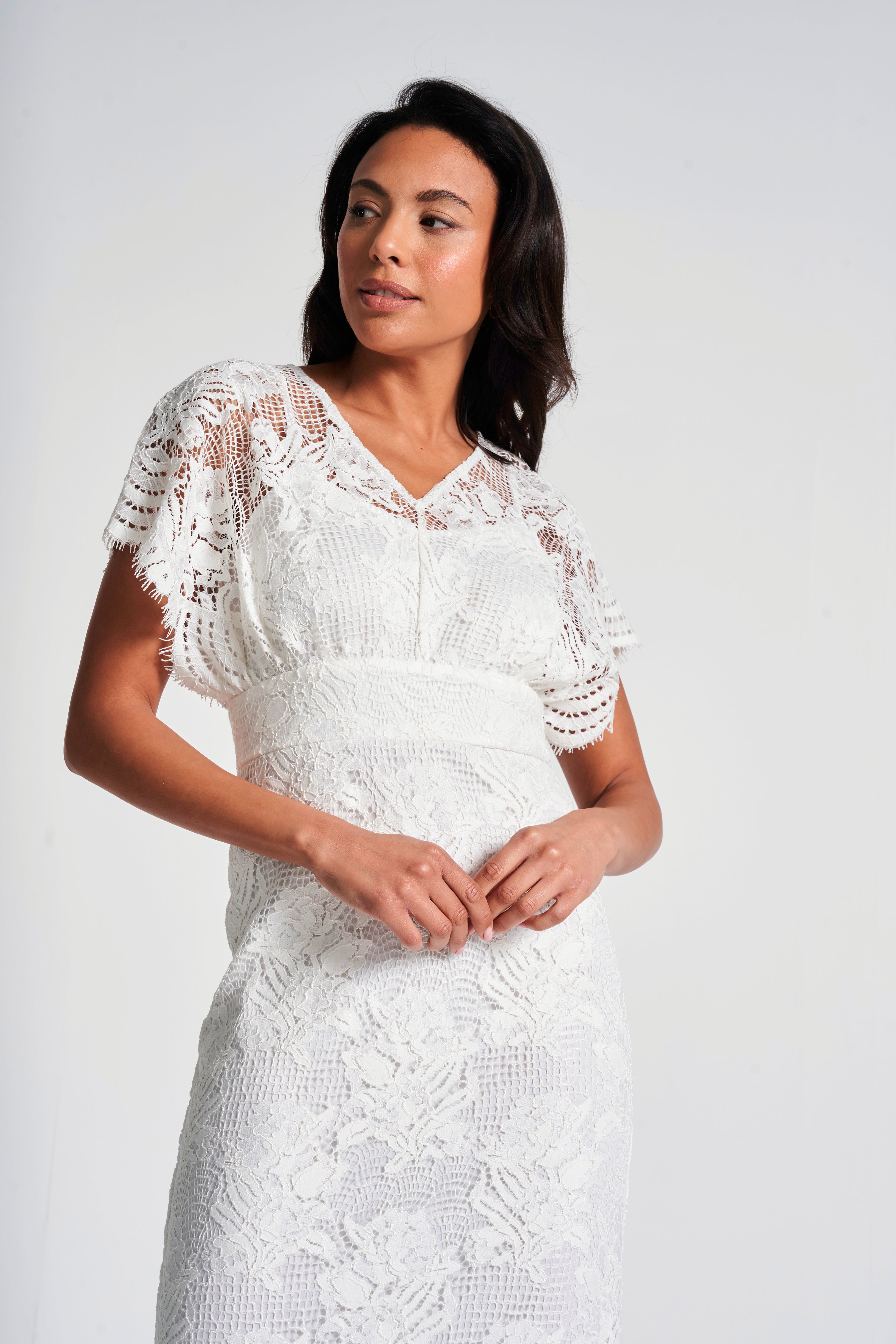Marguerite White Lace Dip Hem Midaxi Dress Frock and Frill Marguerite White Lace Dip Hem Midaxi Dress Frock and Frill
