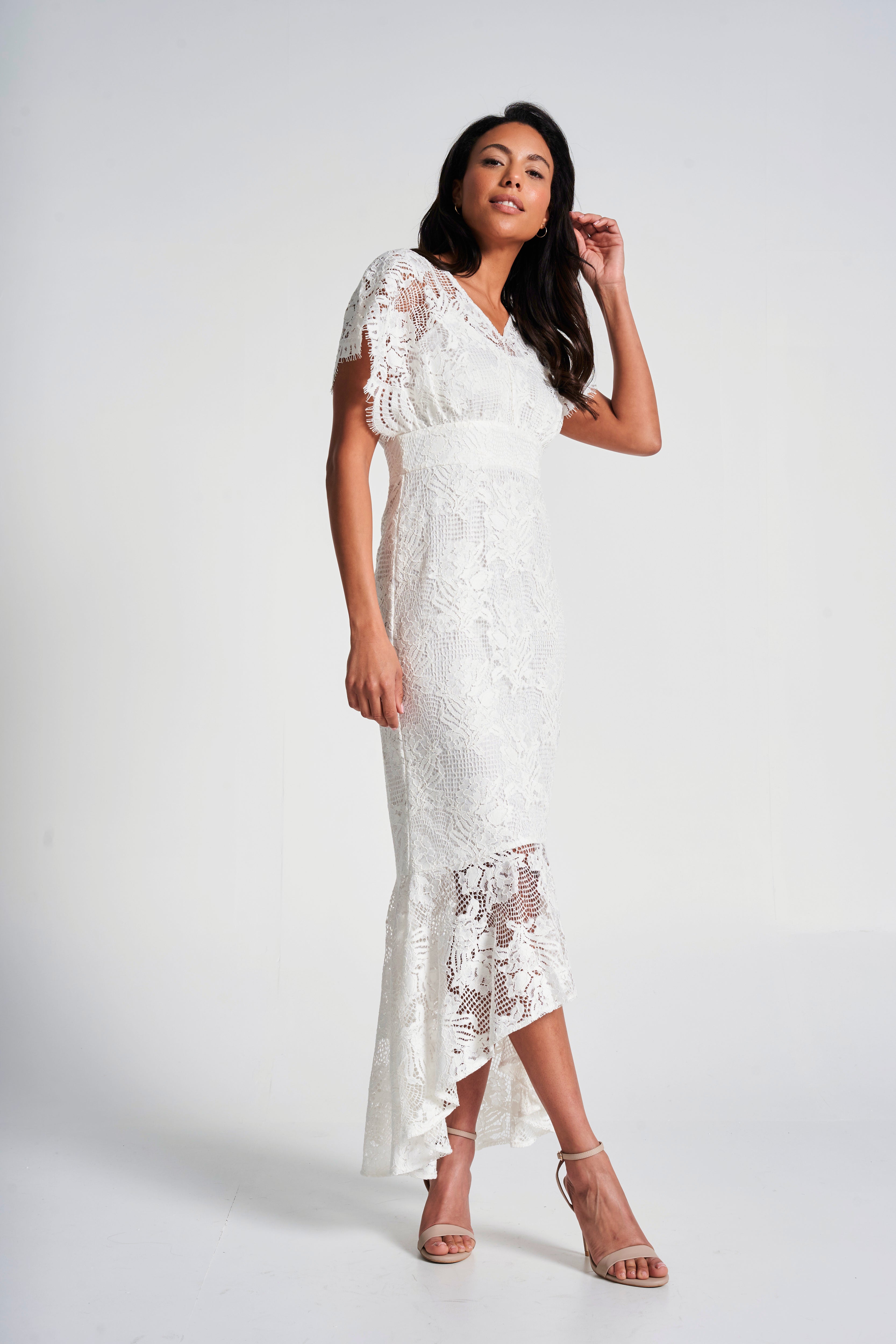 Marguerite White Lace Dip Hem Midaxi Dress Frock and Frill Marguerite White Lace Dip Hem Midaxi Dress Frock and Frill