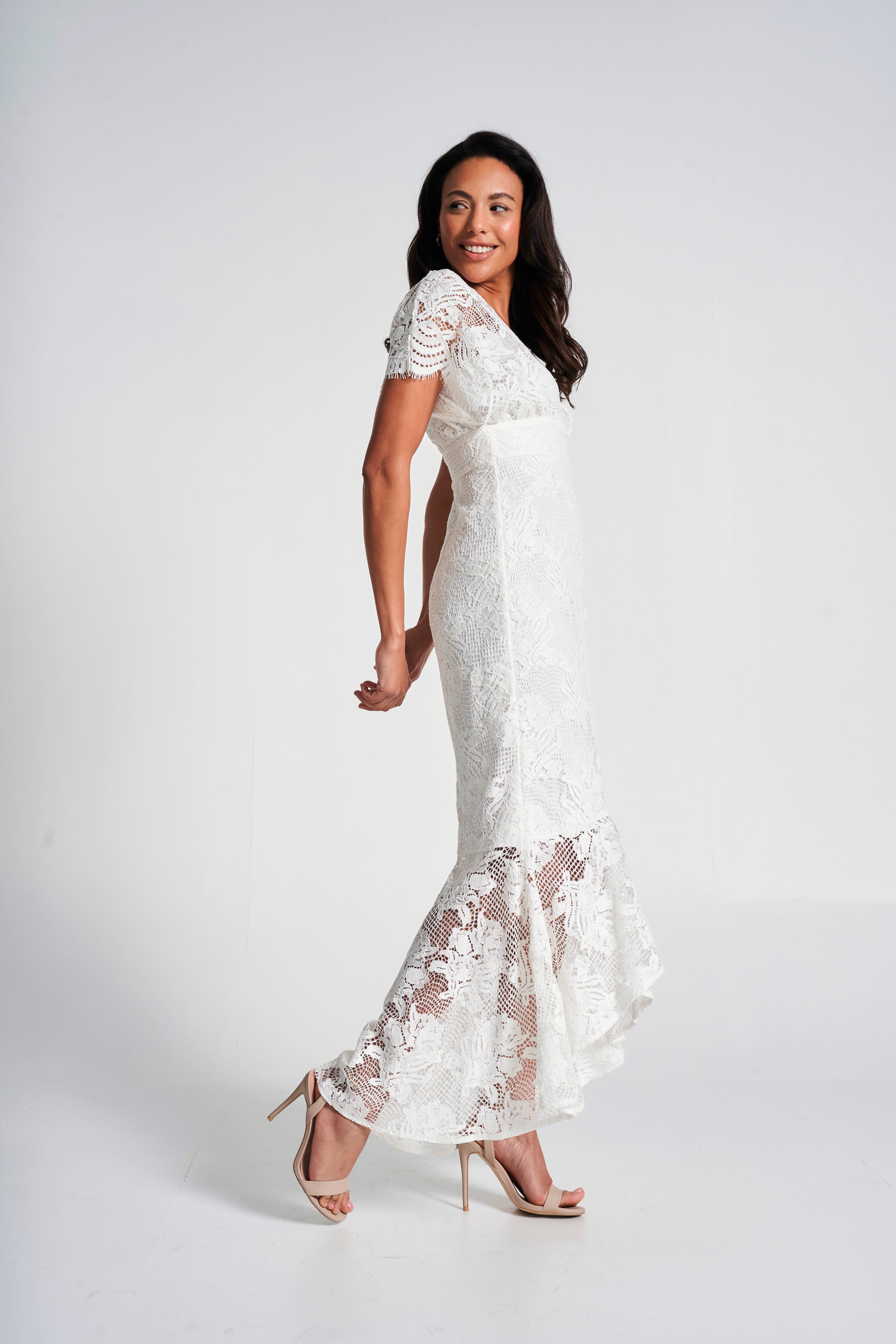 Marguerite White Lace Dip Hem Midaxi Dress