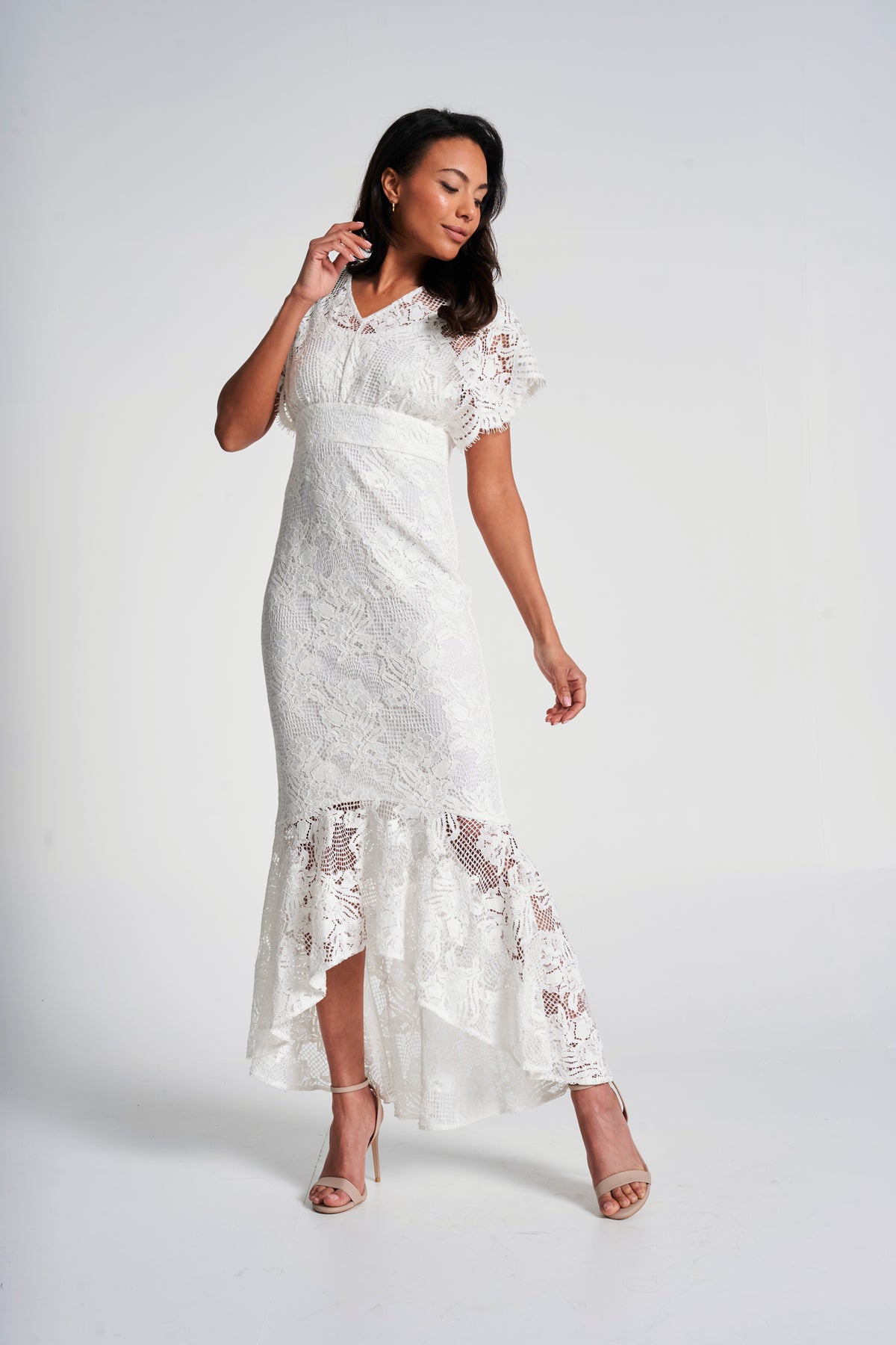 Marguerite White Lace Dip Hem Midaxi Dress