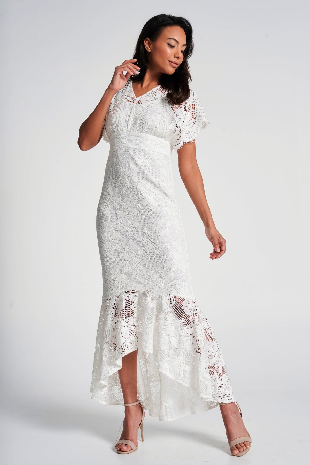 Marguerite White Lace Dip Hem Midaxi Dress Frock and Frill Marguerite White Lace Dip Hem Midaxi Dress Frock and Frill