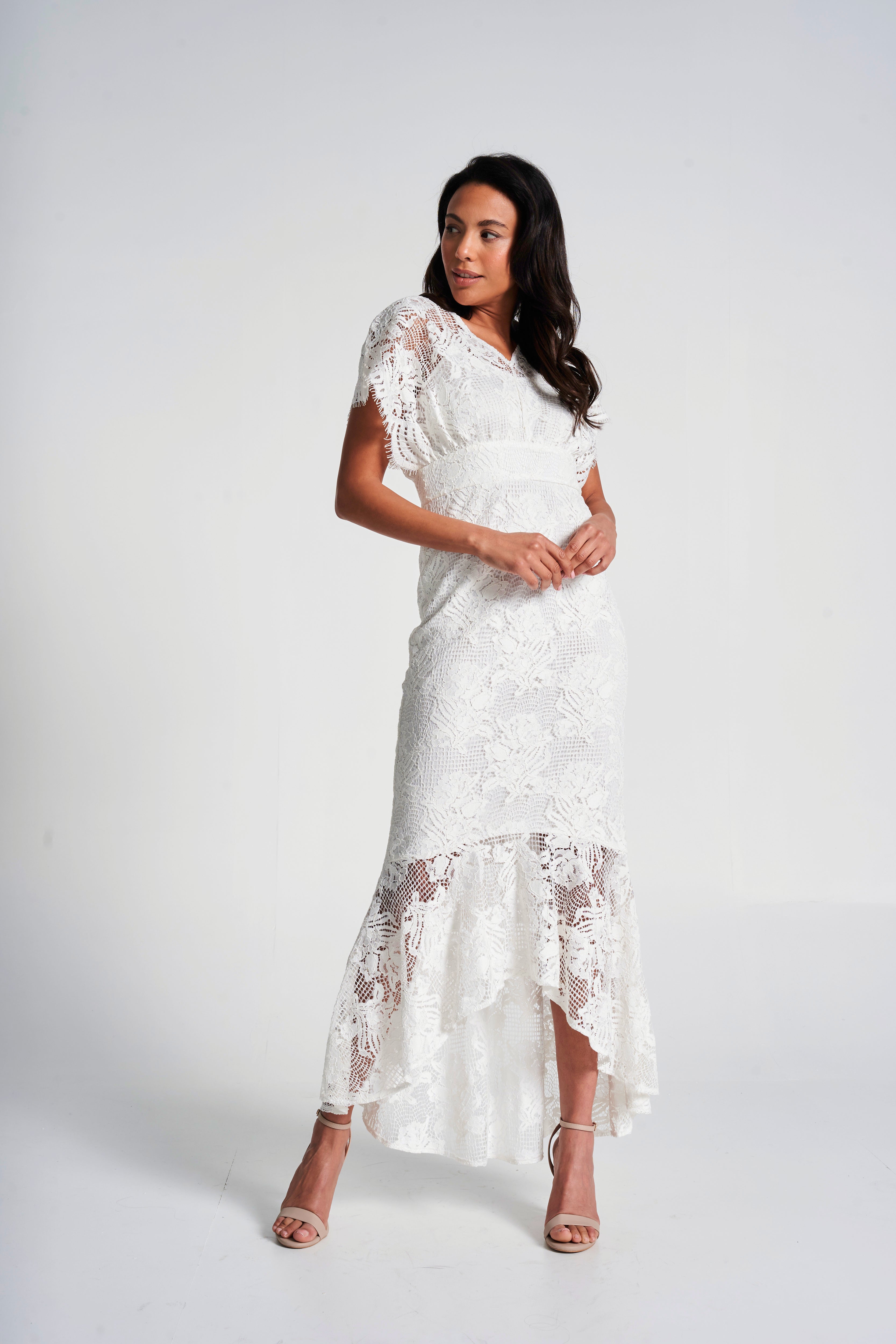 Marguerite White Lace Dip Hem Midaxi Dress