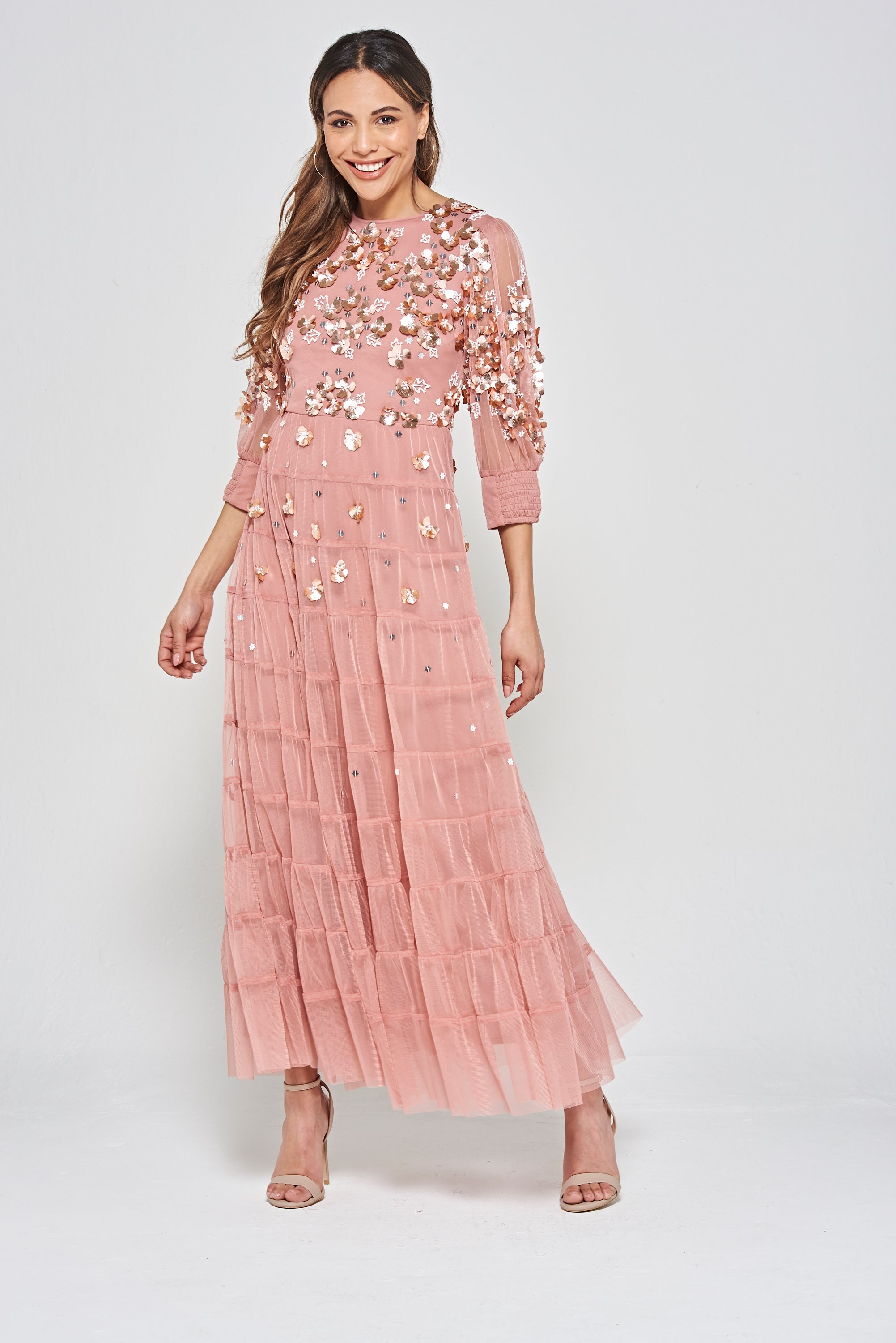 Marissa Embellished Tiered Maxi Dress - Rose Tan