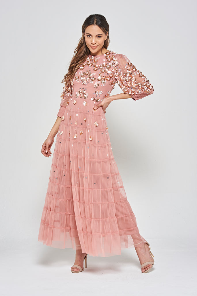 Marissa Embellished Tiered Maxi Dress - Rose Tan