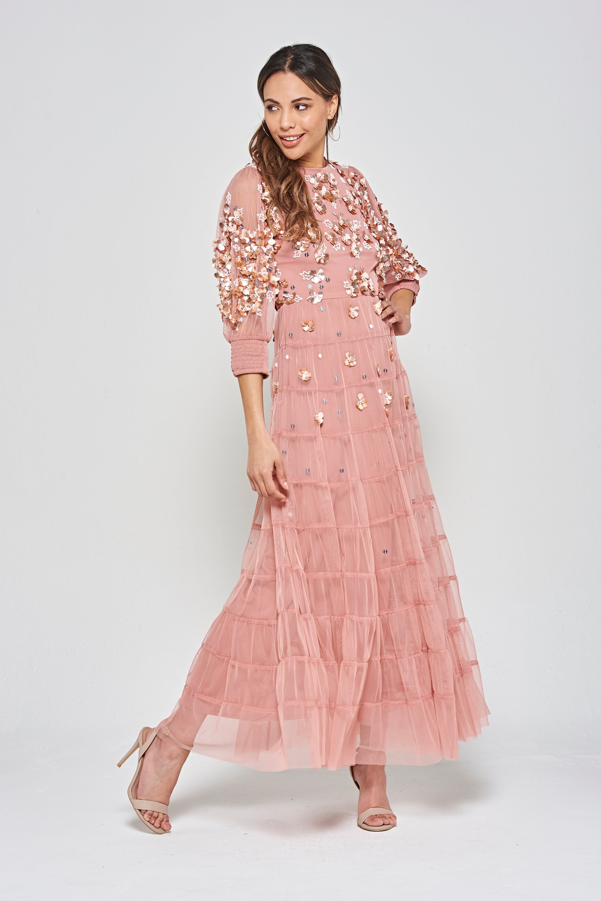 Marissa Embellished Tiered Maxi Dress - Rose Tan