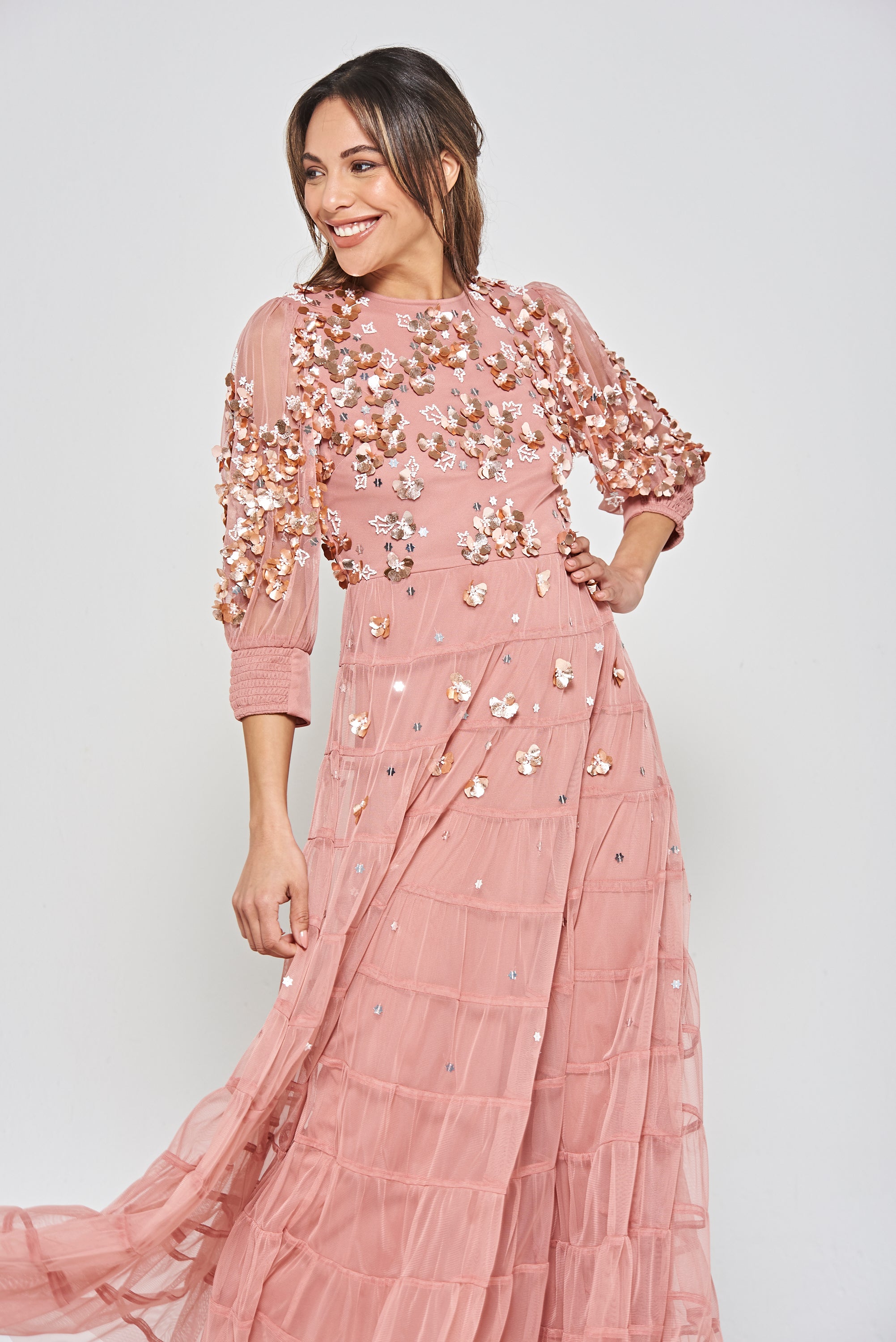 Marissa Embellished Tiered Maxi Dress - Rose Tan