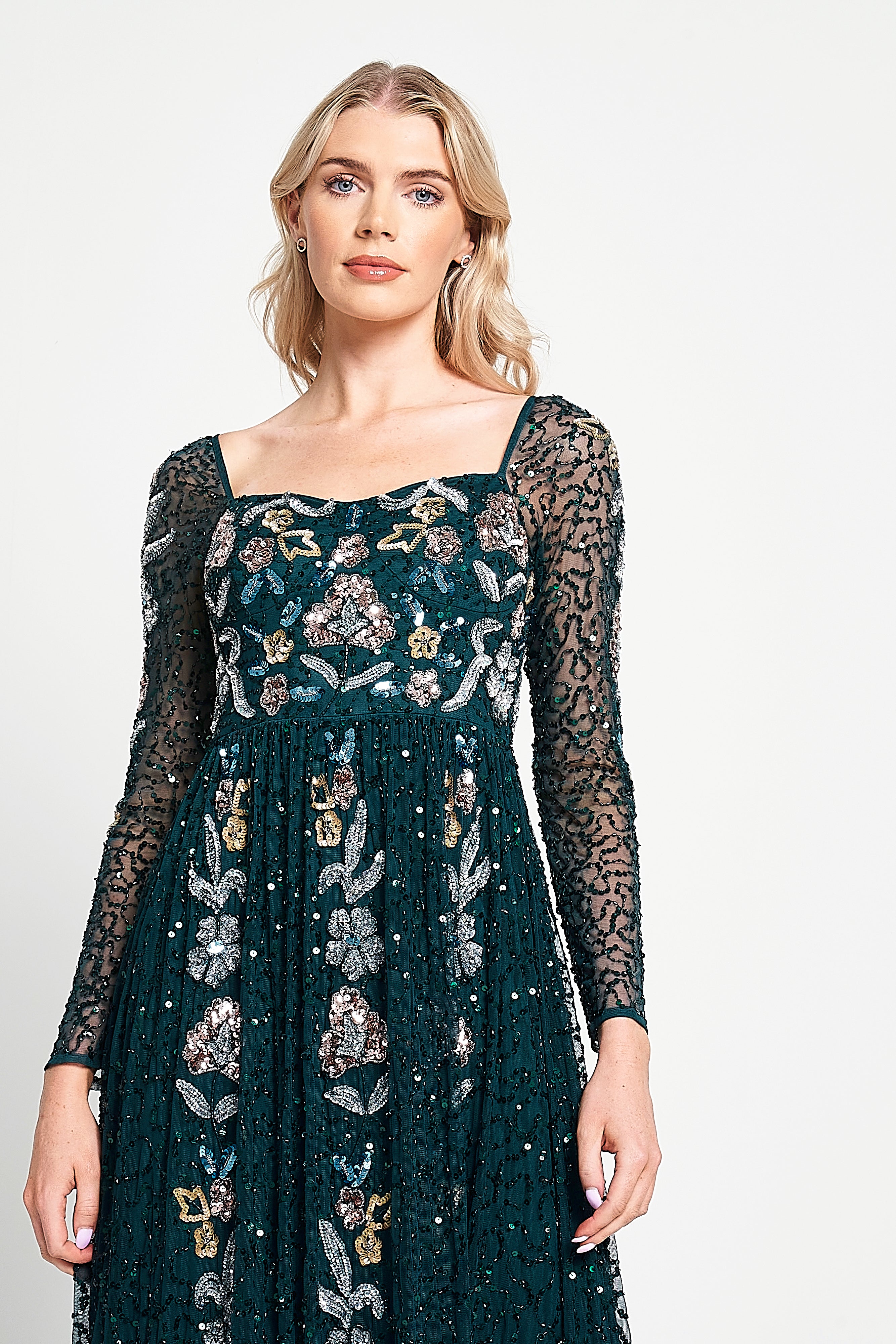 Martina Green Floral Embellished Maxi Dress