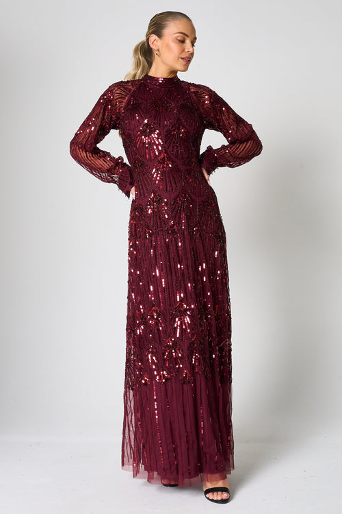 Maxine Burgundy Embellished Maxi Dress – Frock and Frill