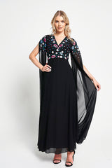 Mayra Black Floral Embroidered Cape Sleeve Maxi Dress