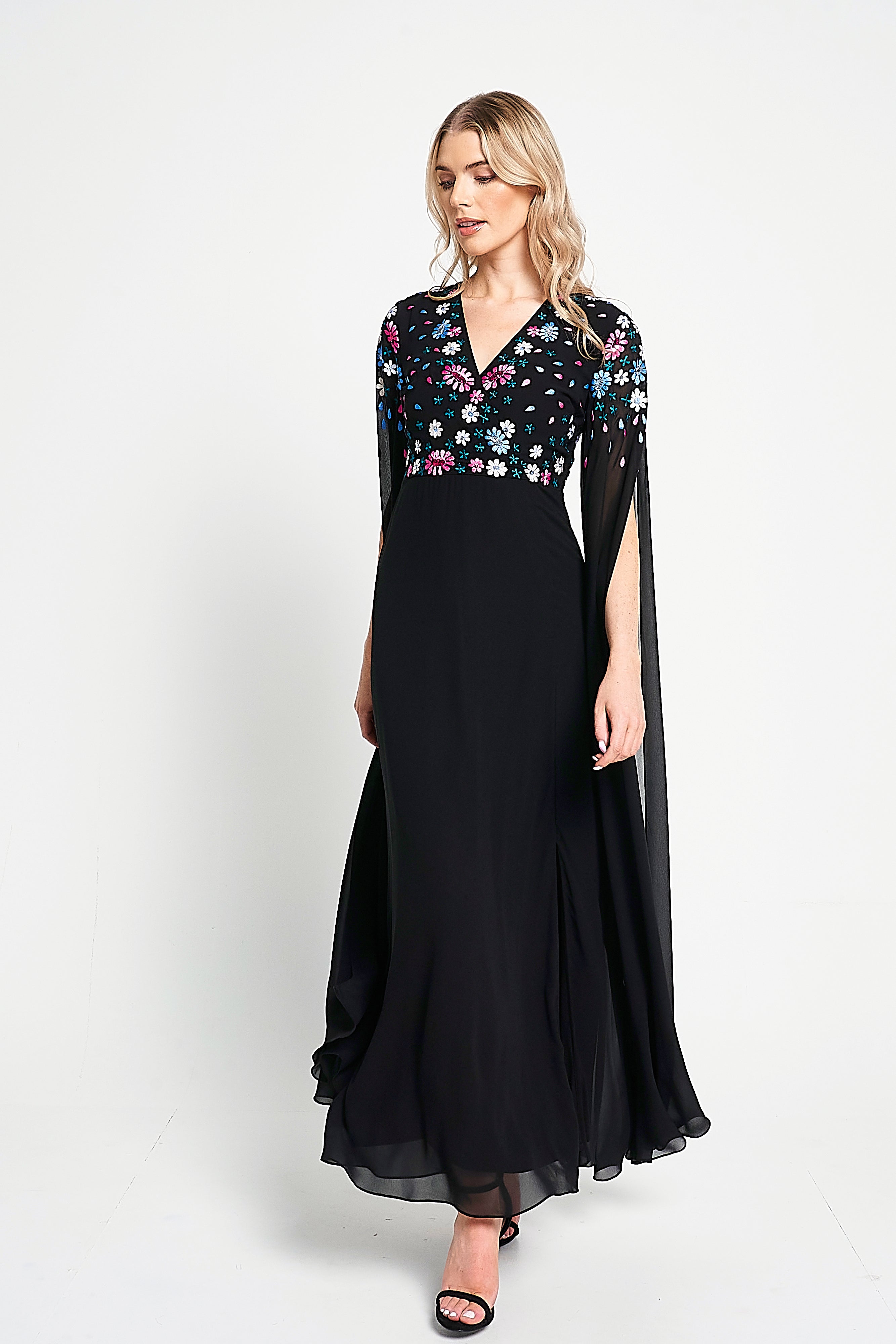 Mayra Black Floral Embroidered Cape Sleeve Maxi Dress