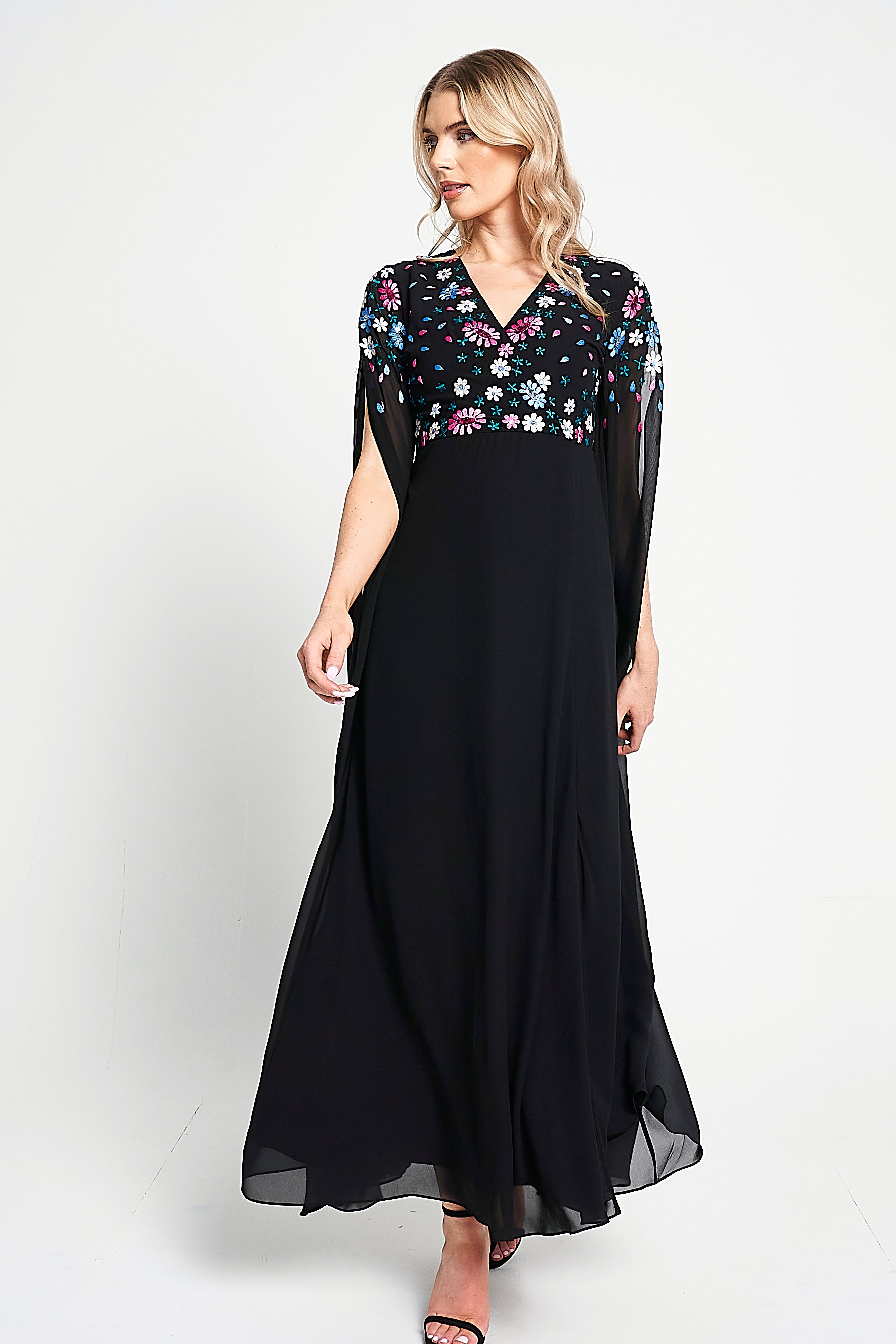 Mayra Black Floral Embroidered Cape Sleeve Maxi Dress