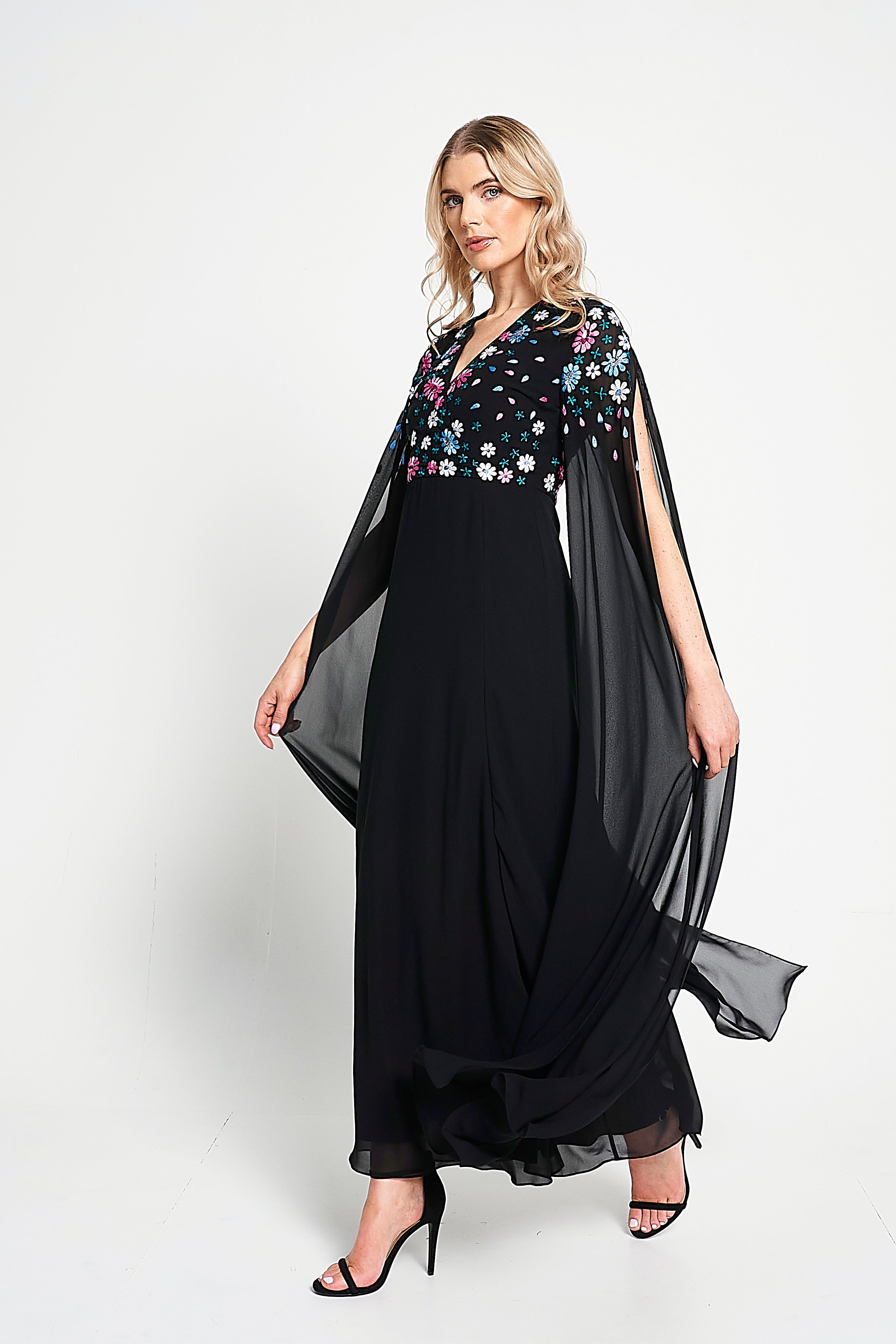 Mayra Black Floral Embroidered Cape Sleeve Maxi Dress