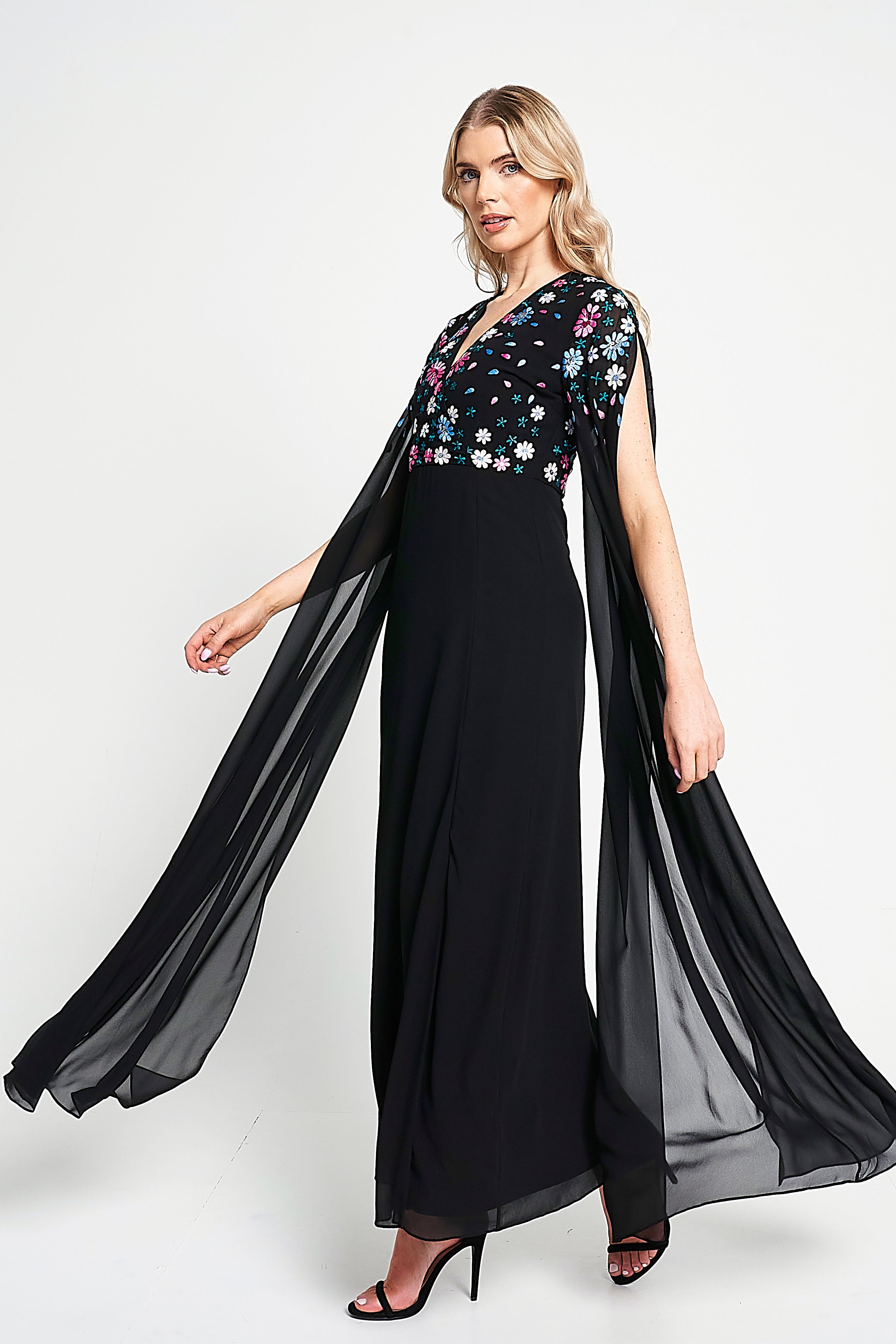 Mayra Black Floral Embroidered Cape Sleeve Maxi Dress