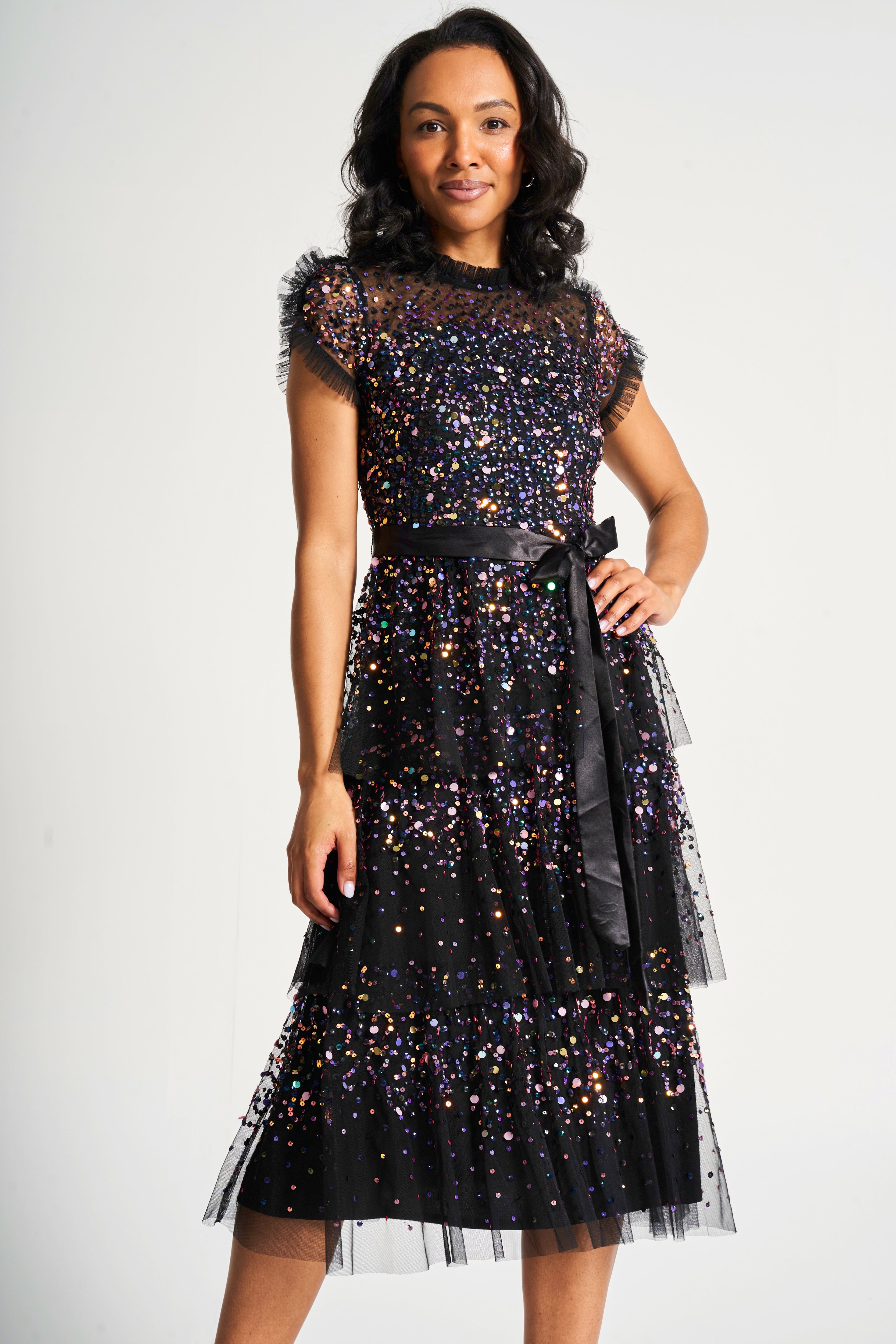 Medora Black Sequin Midi Dress