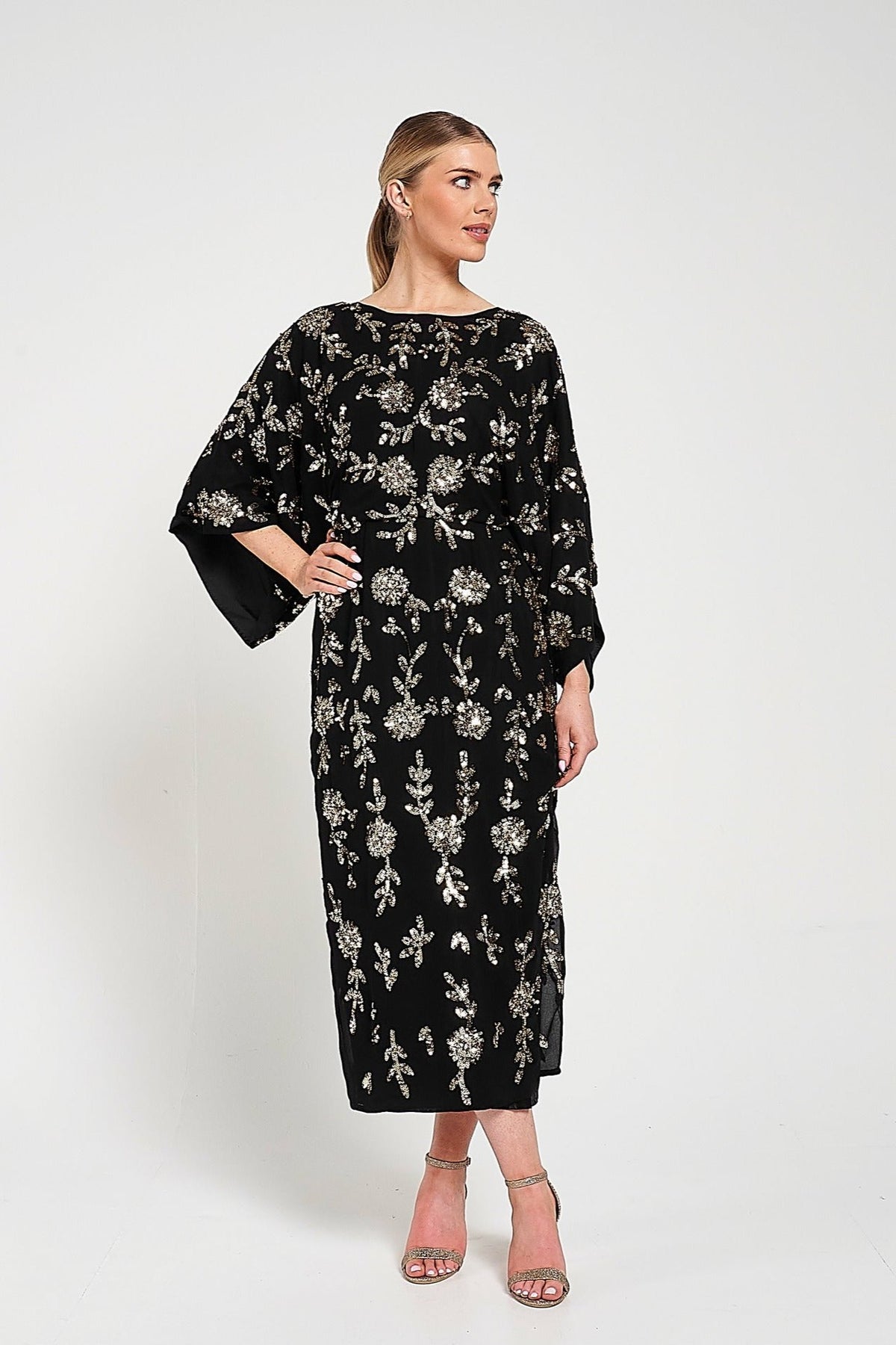 Melantha Black Floral Embellished Midaxi Dress