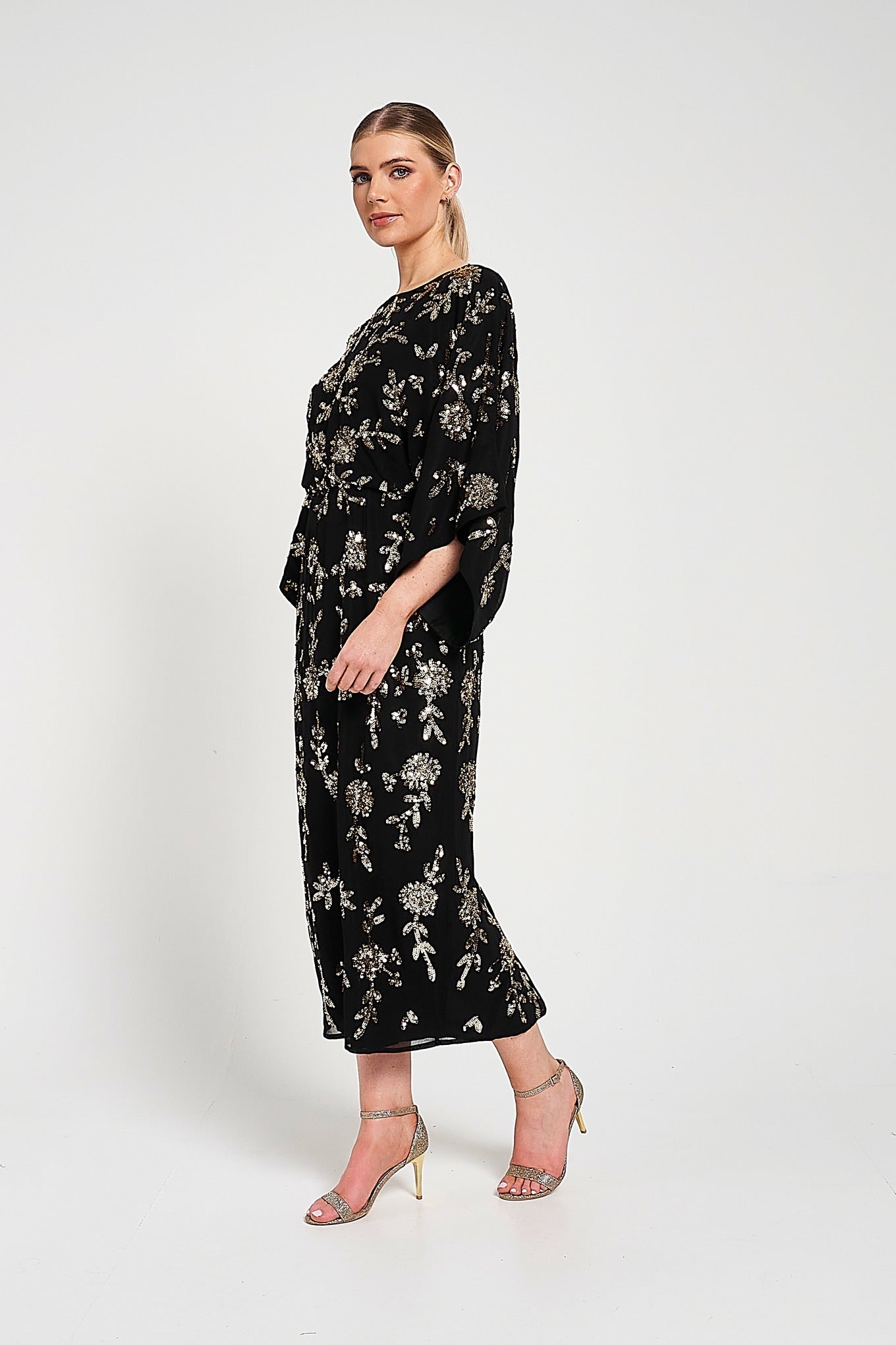 Melantha Black Floral Embellished Midaxi Dress