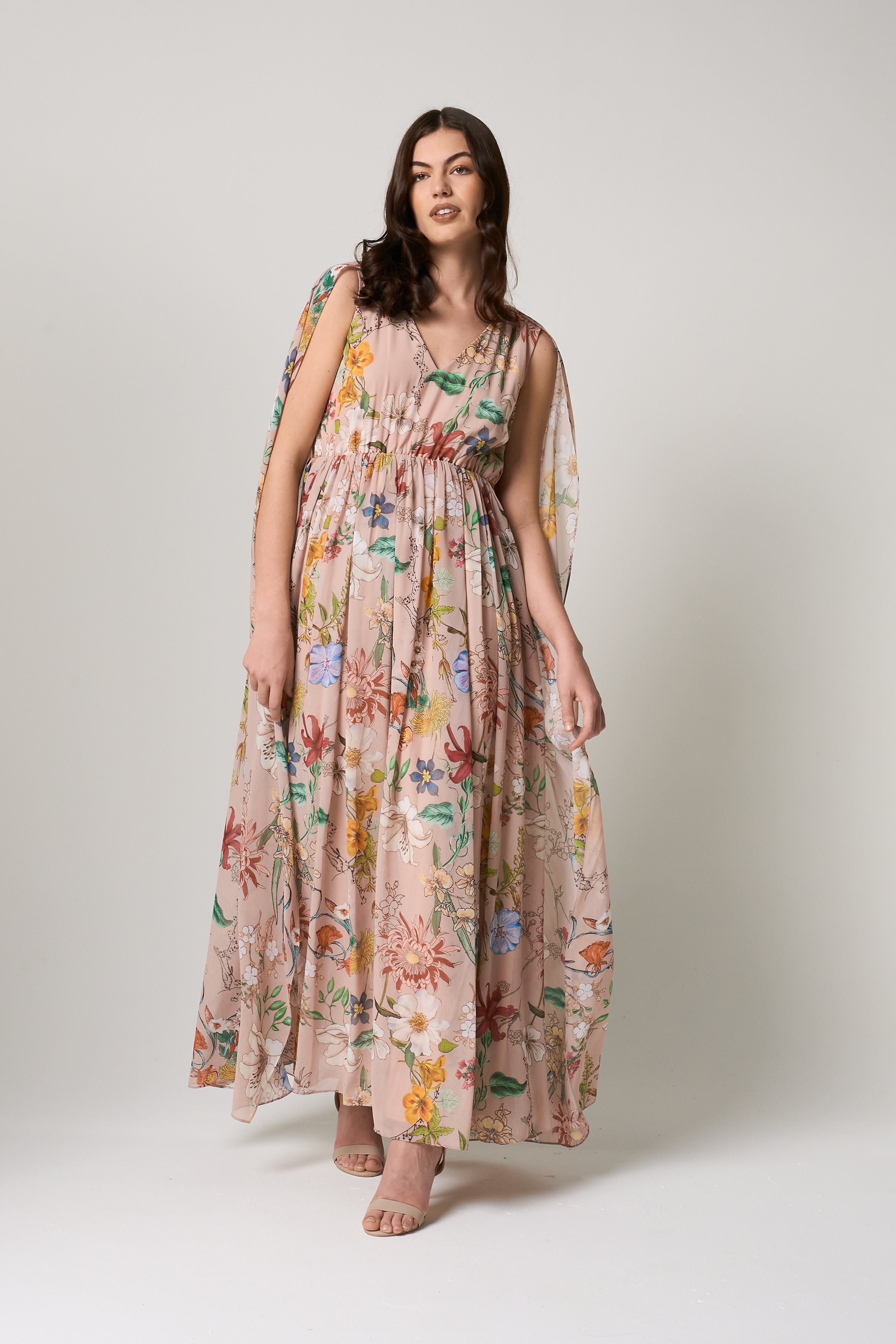 Melia Floral Print Cape Sleeve Maxi Dress