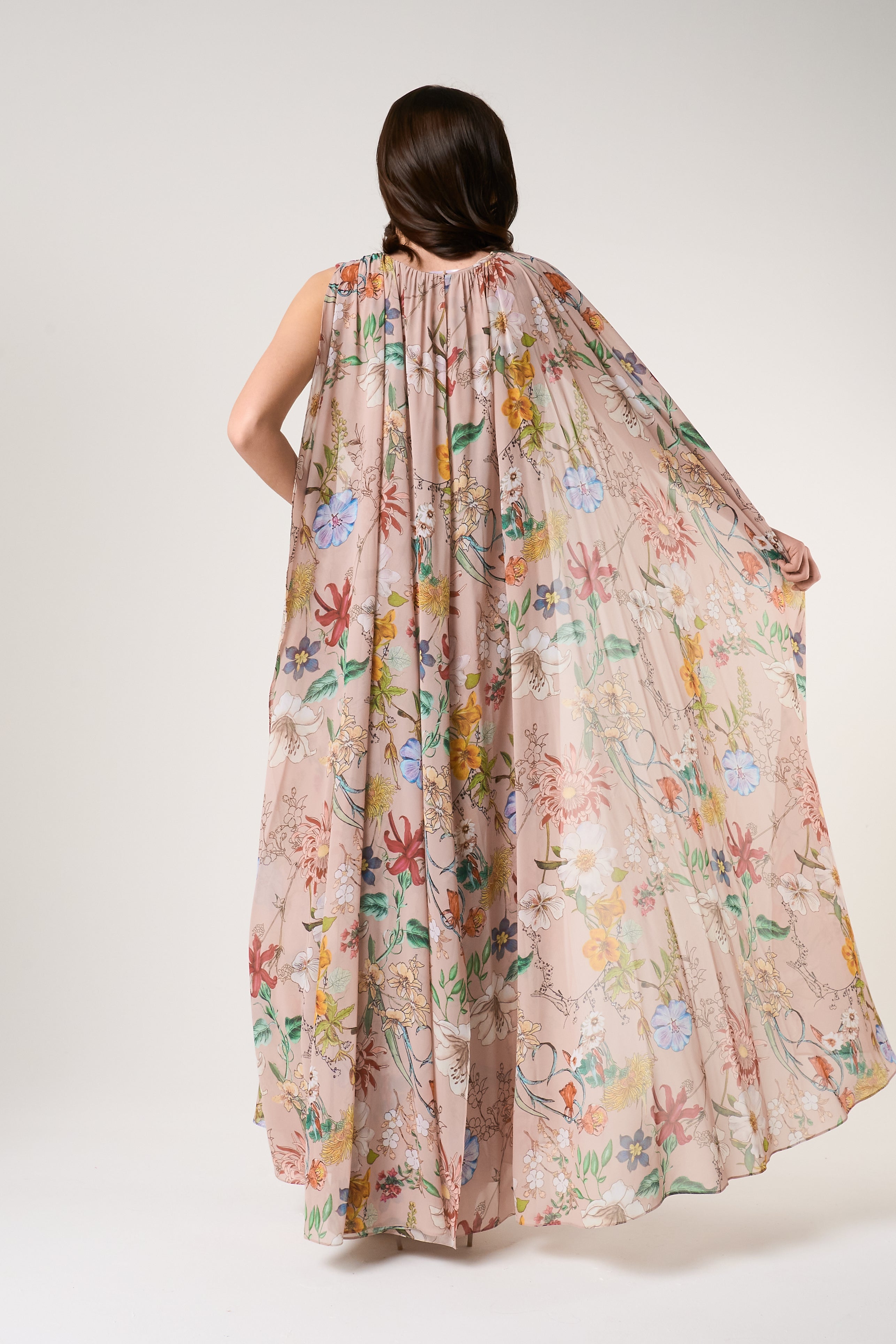 Melia Floral Print Cape Sleeve Maxi Dress