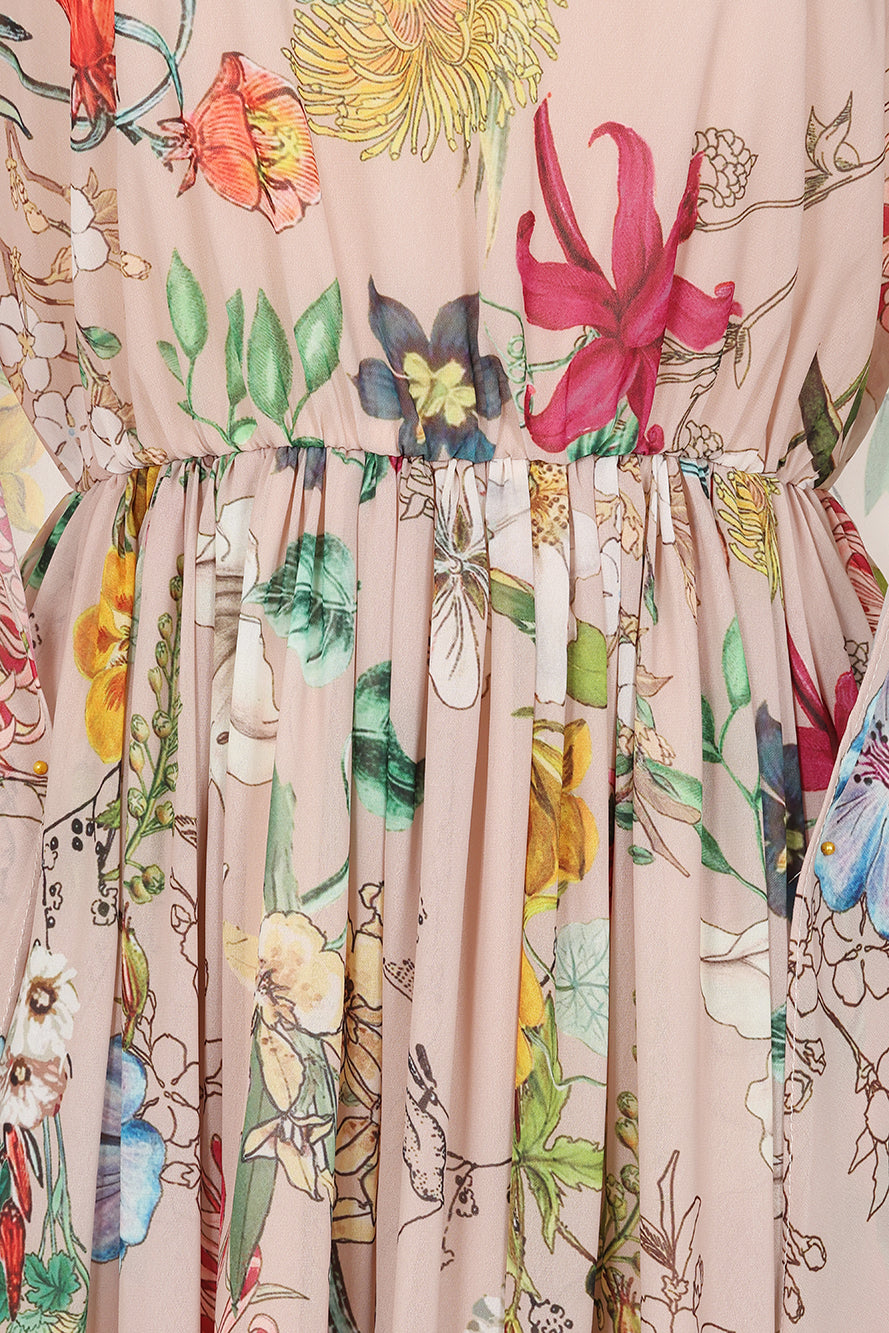 Melia Floral Print Cape Sleeve Maxi Dress