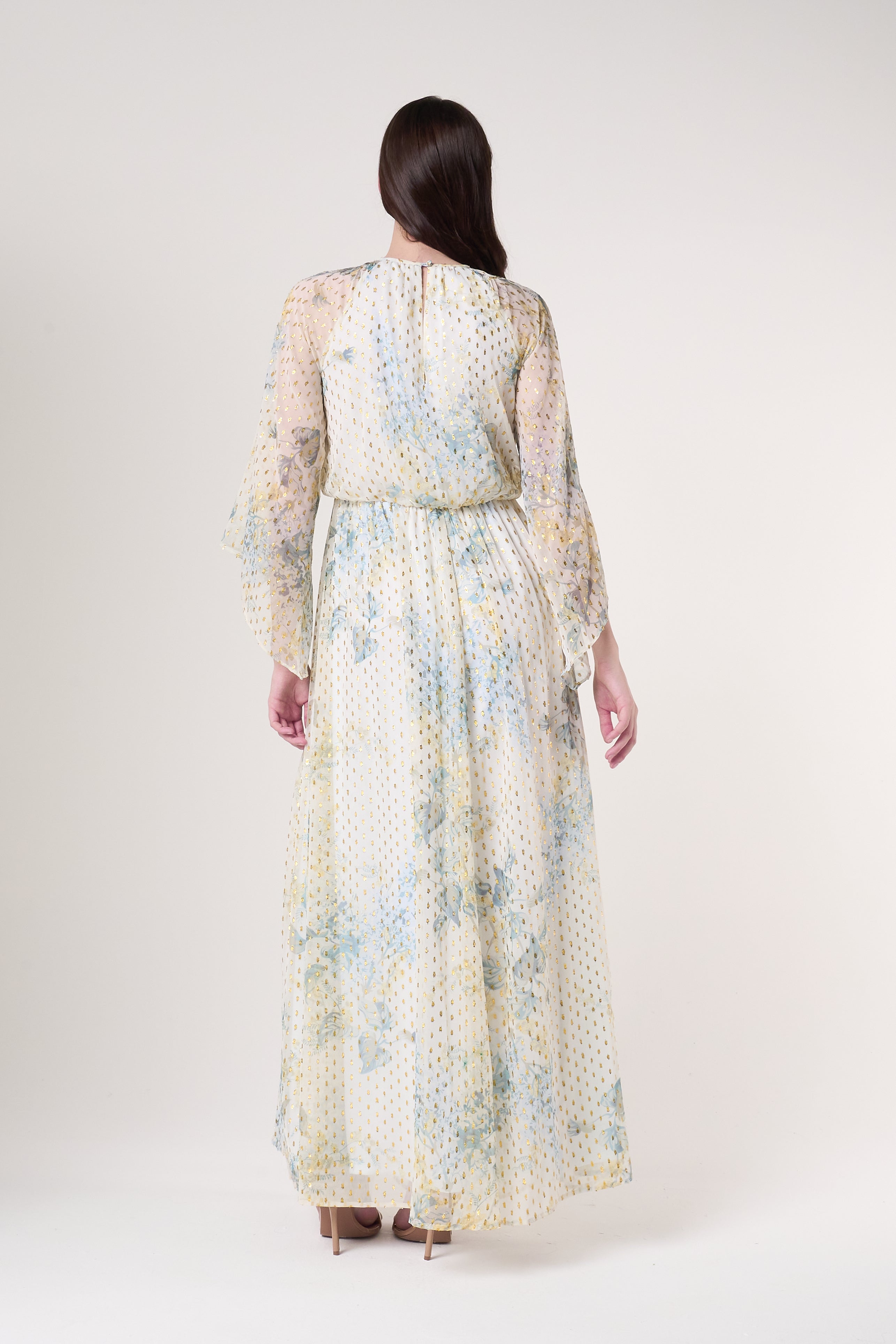 Melissa Cream Floral Print Maxi Dress with Embellished Detailing