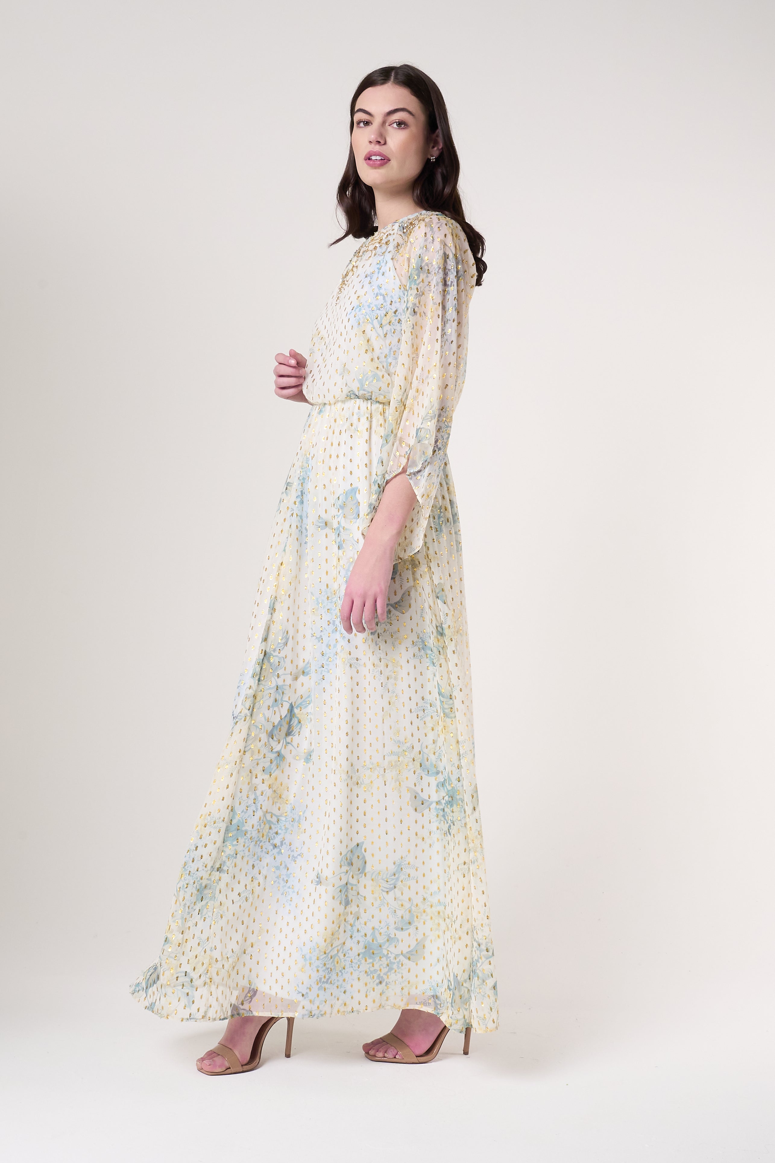 Melissa Cream Floral Print Maxi Dress with Embellished Detailing Frock and Frill Melissa Cream Floral Print Maxi Dress with Embellished Detailing Frock and Frill