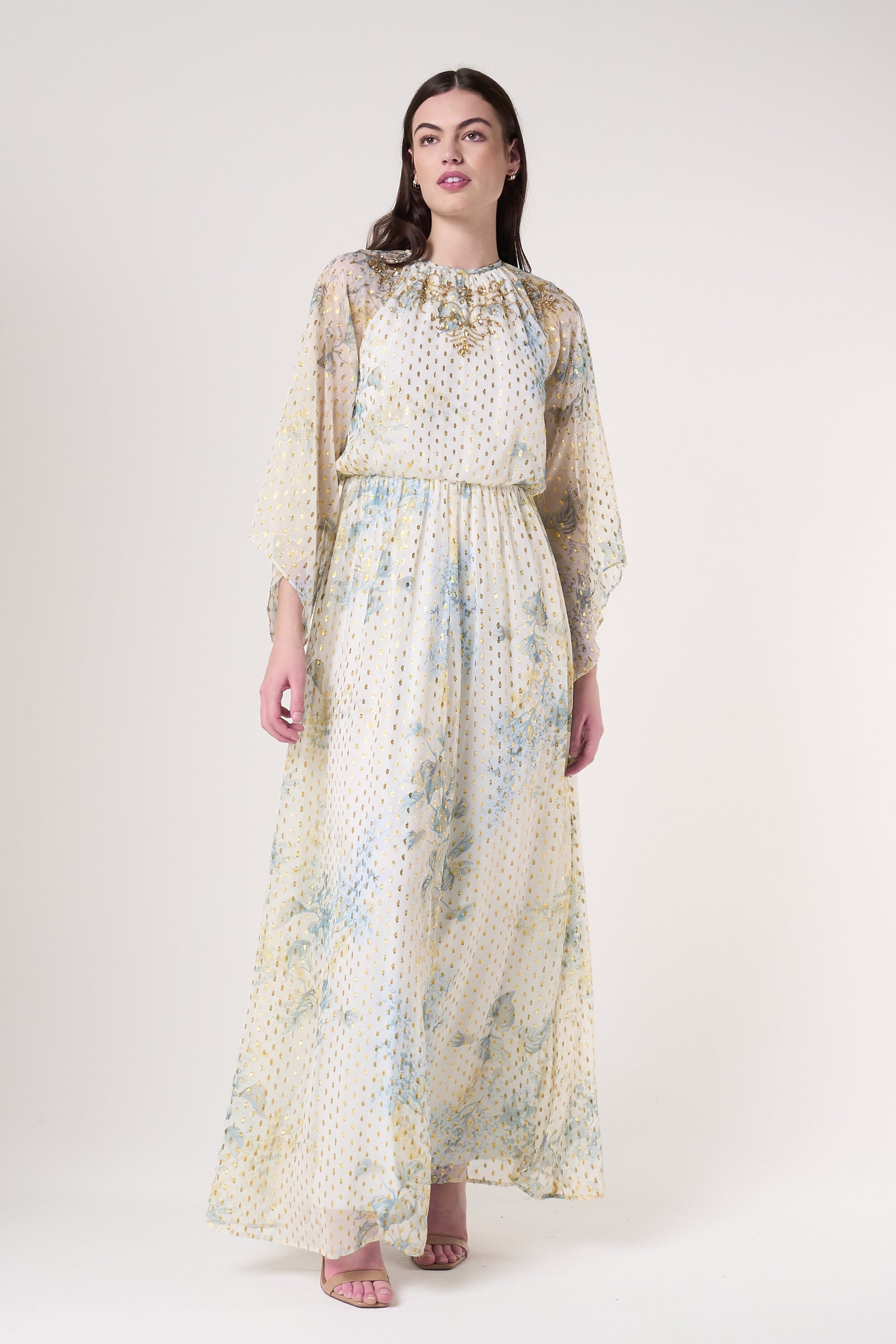 Melissa Cream Floral Print Maxi Dress with Embellished Detailing Frock and Frill Melissa Cream Floral Print Maxi Dress with Embellished Detailing Frock and Frill