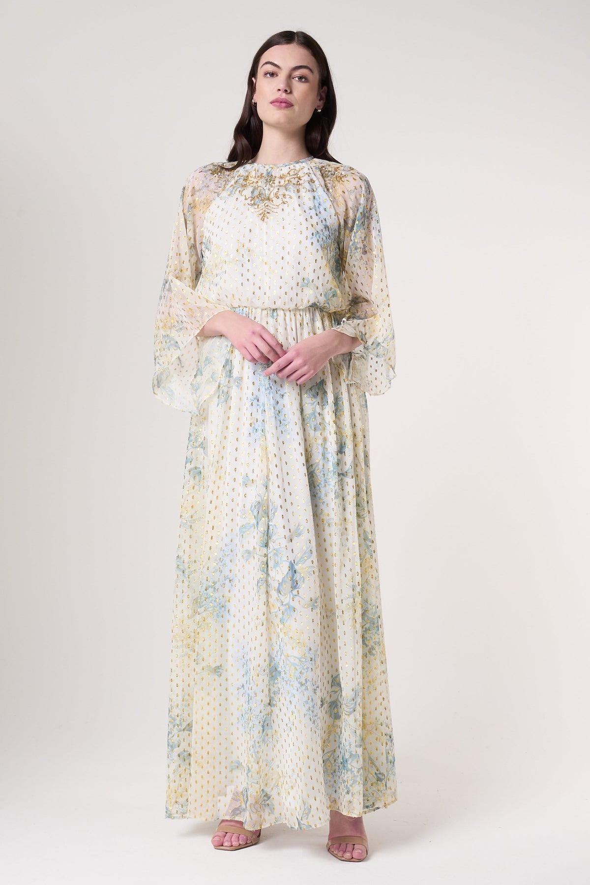 Melissa Cream Floral Print Maxi Dress with Embellished Detailing Frock and Frill Melissa Cream Floral Print Maxi Dress with Embellished Detailing Frock and Frill