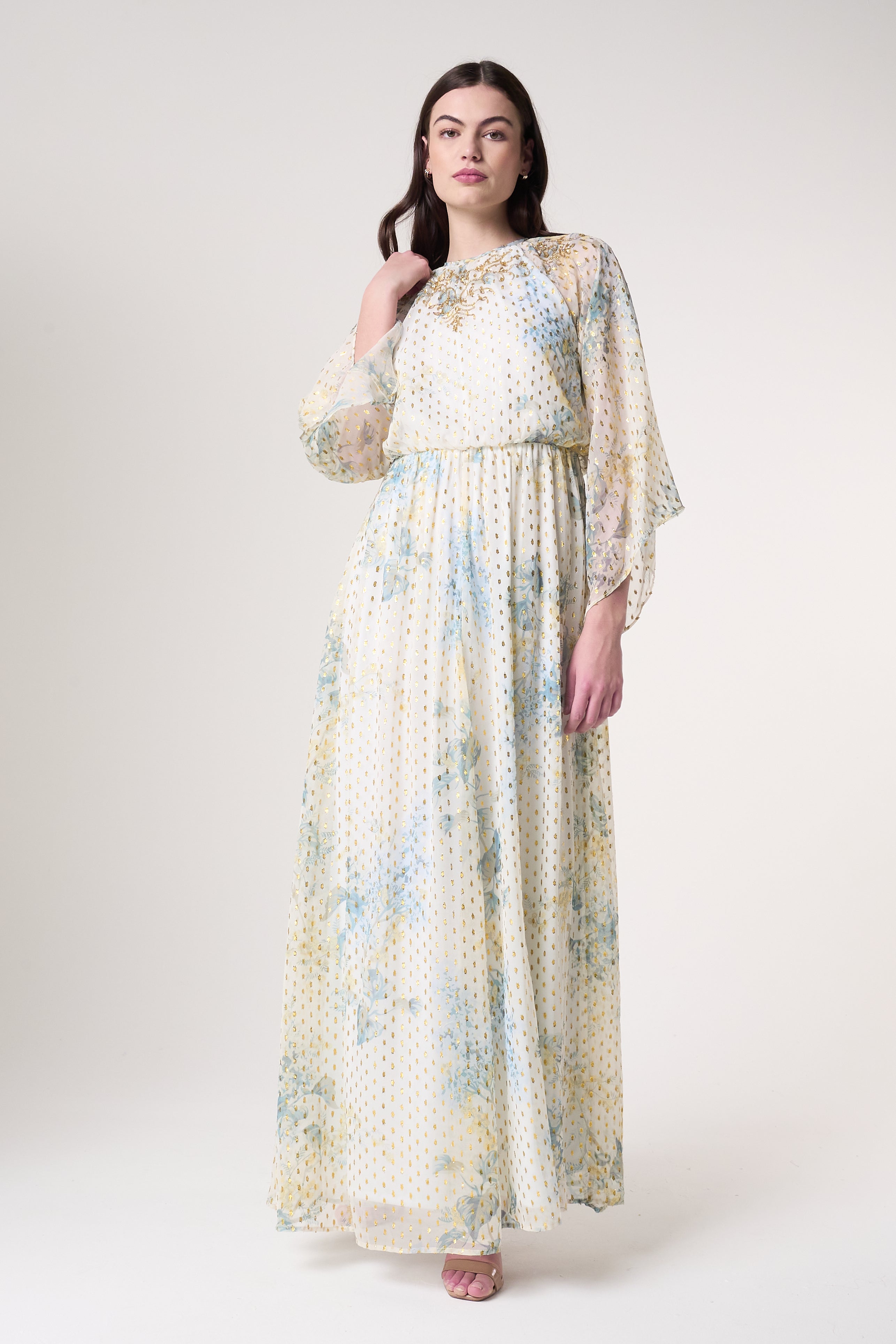 Melissa Cream Floral Print Maxi Dress with Embellished Detailing Frock and Frill Melissa Cream Floral Print Maxi Dress with Embellished Detailing Frock and Frill
