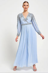 Meredith Blue Embellished Jumpsuit in ice blue with beaded bodice, long sheer sleeves and pleated wide-leg trousers for weddings and formal occasions.