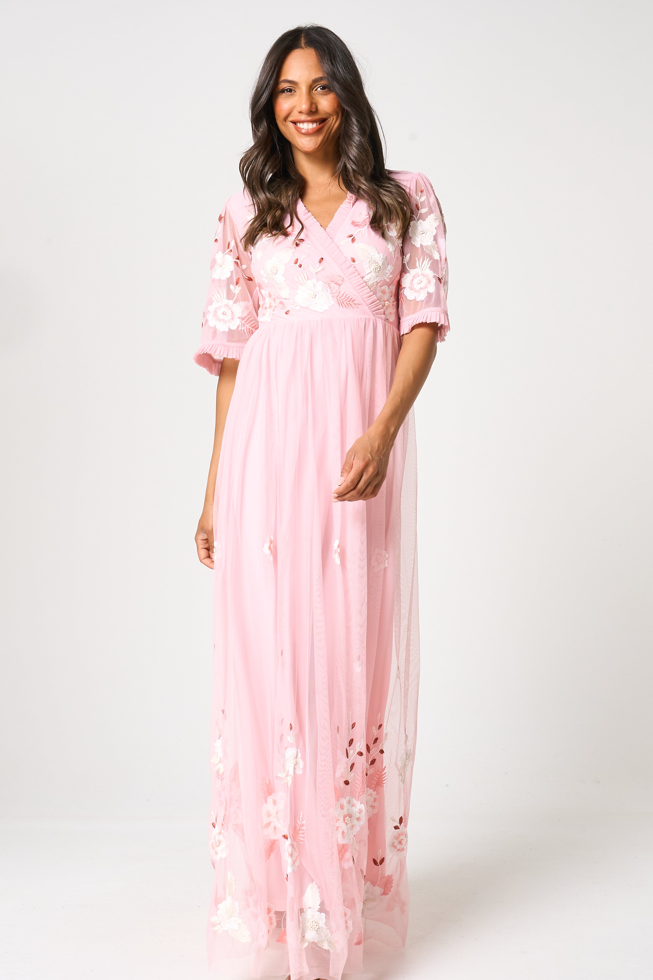 Merida Pink Floral Embroidered Maxi Dress 