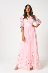 Merida Pink Floral Embroidered Maxi Dress 