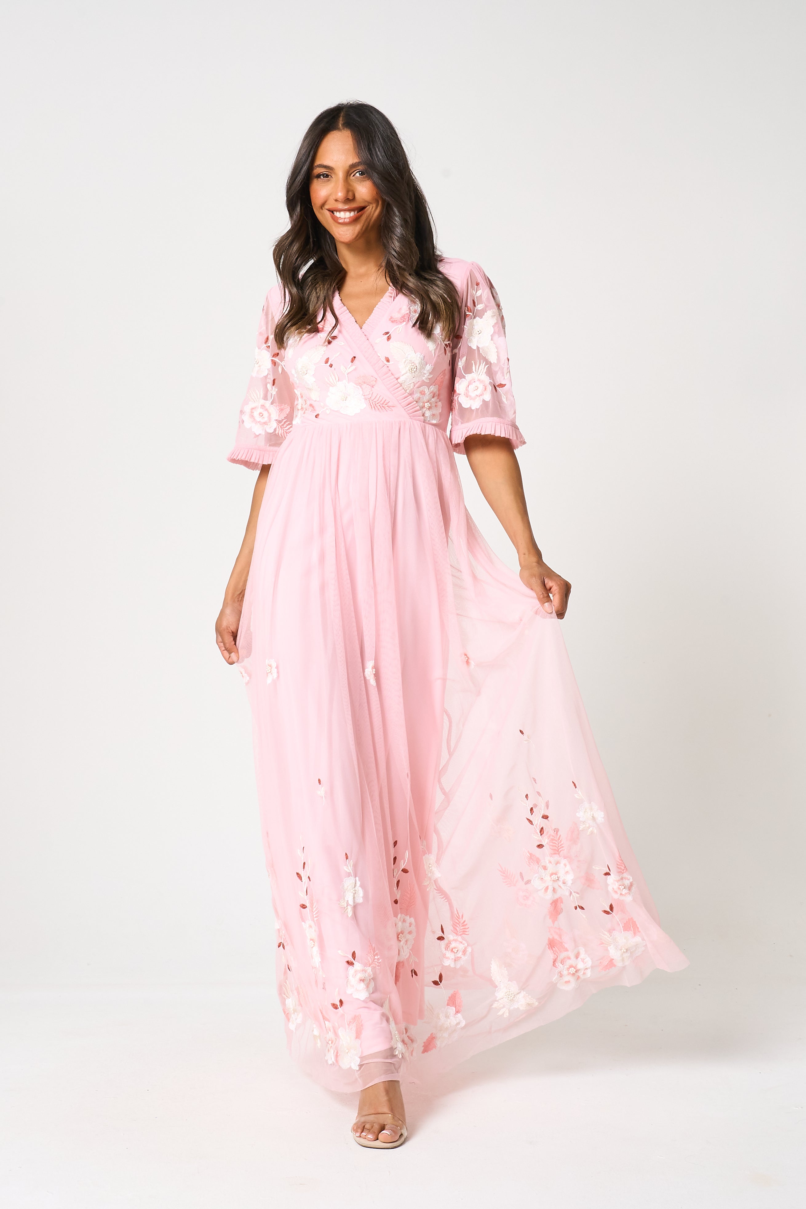 Merida Pink Floral Embroidered Maxi Dress 