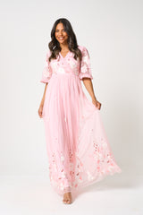 Merida Pink Floral Embroidered Maxi Dress 